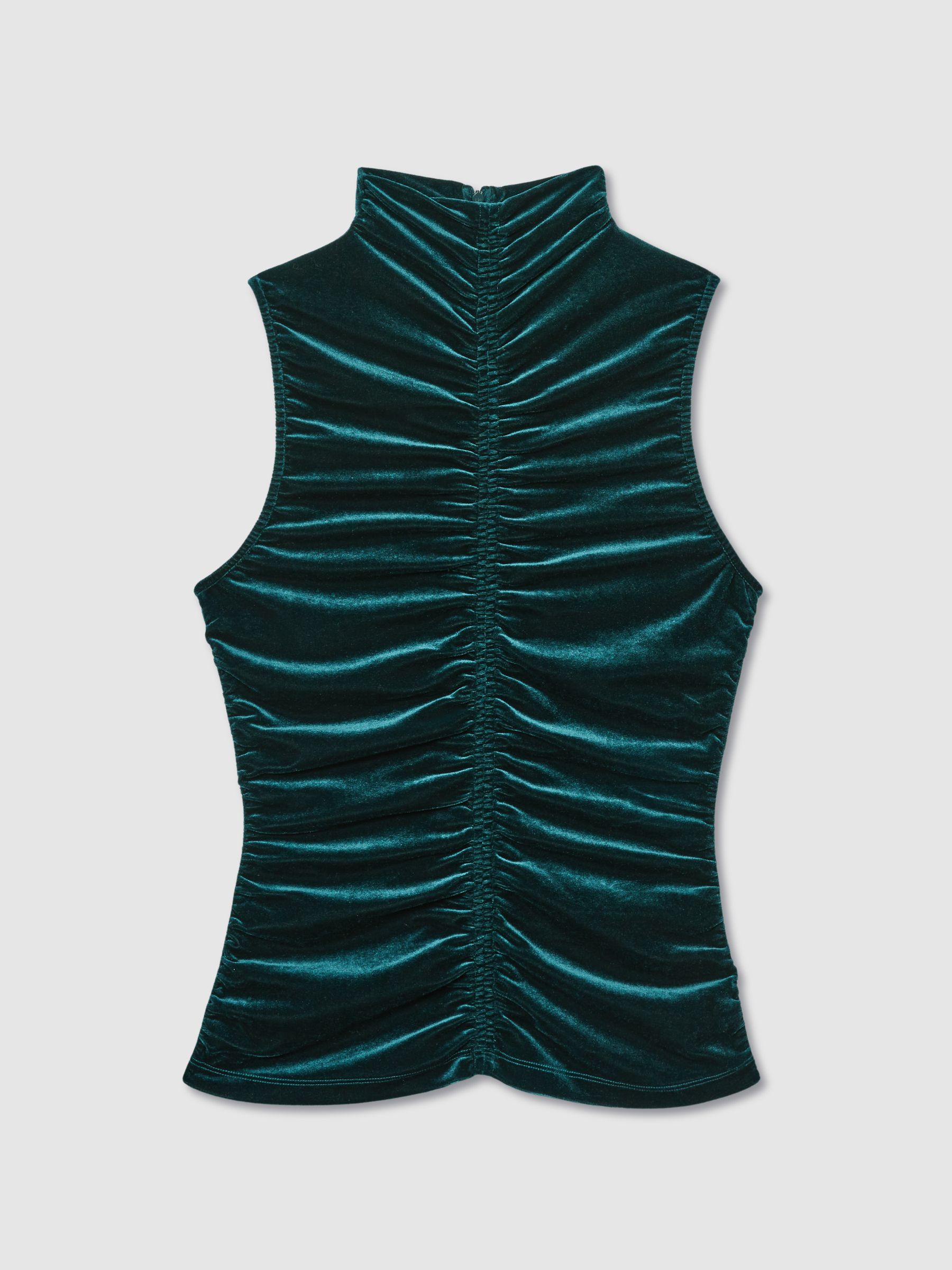 Racer-Front Ruched-Velvet Sleeveless Top in Teal
