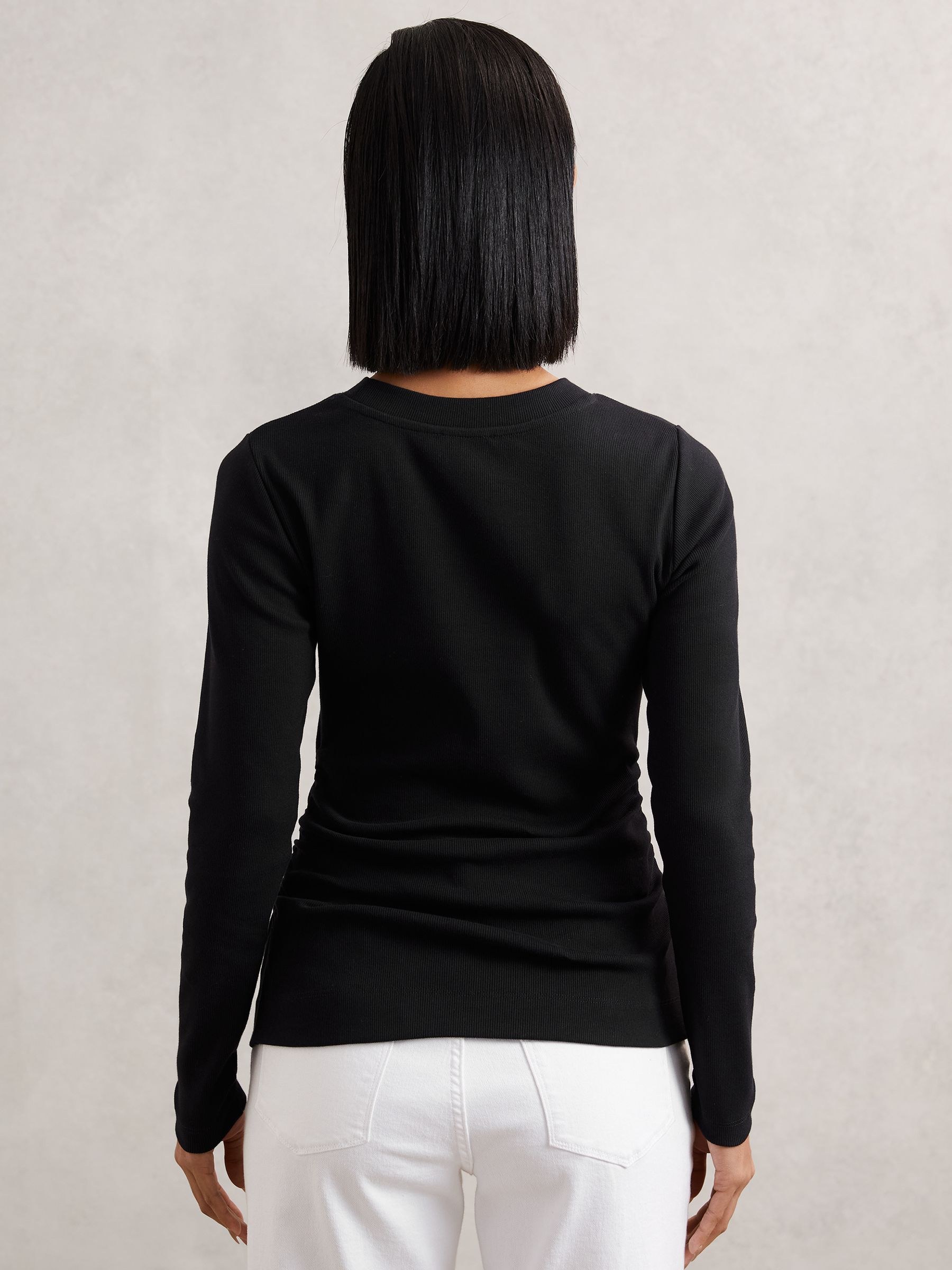 Cotton Long-Sleeve Ruched T-Shirt with Stretch in Black