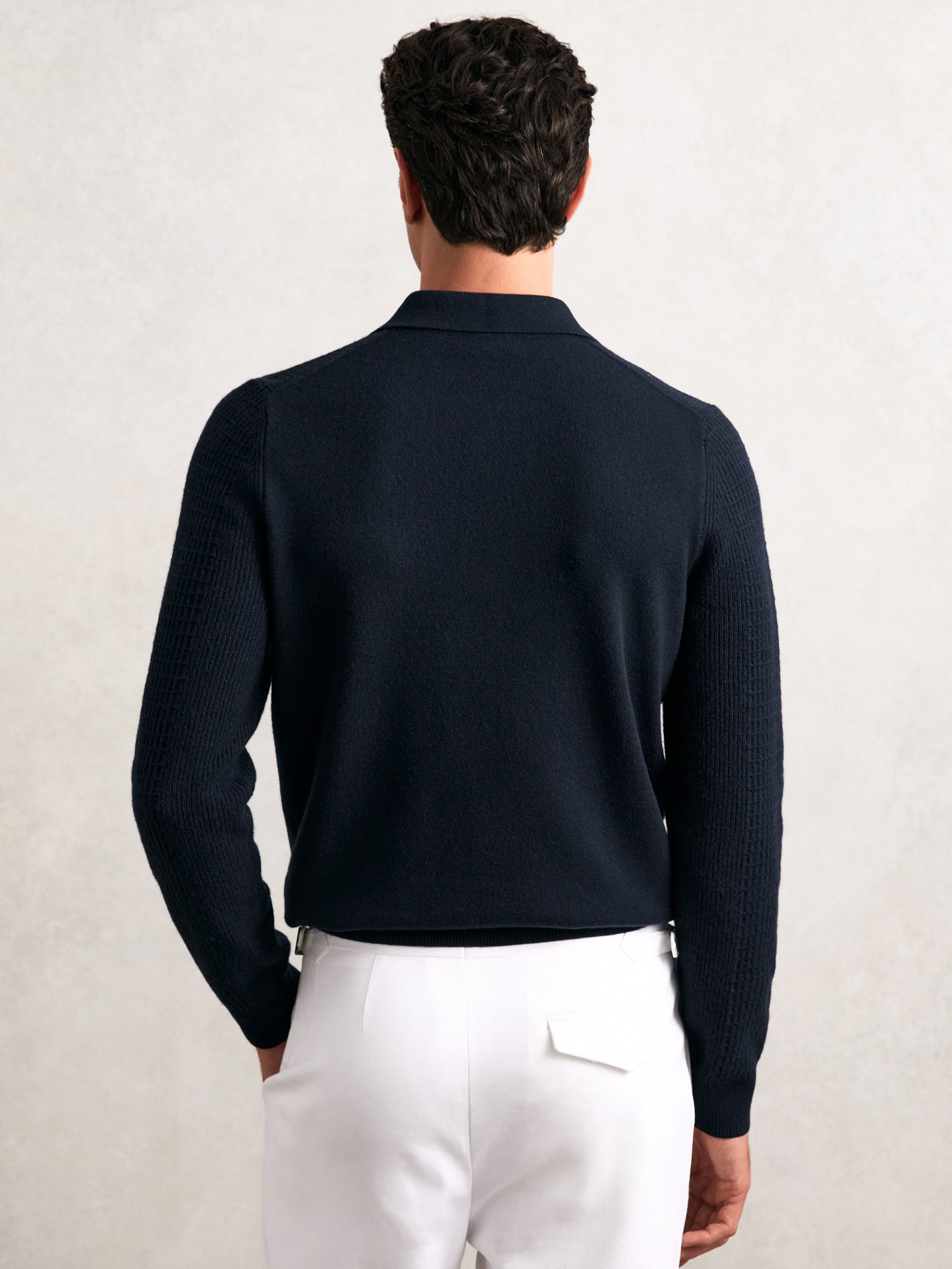 Wool Waffle-Knit Half-Zip Polo Shirt in Navy
