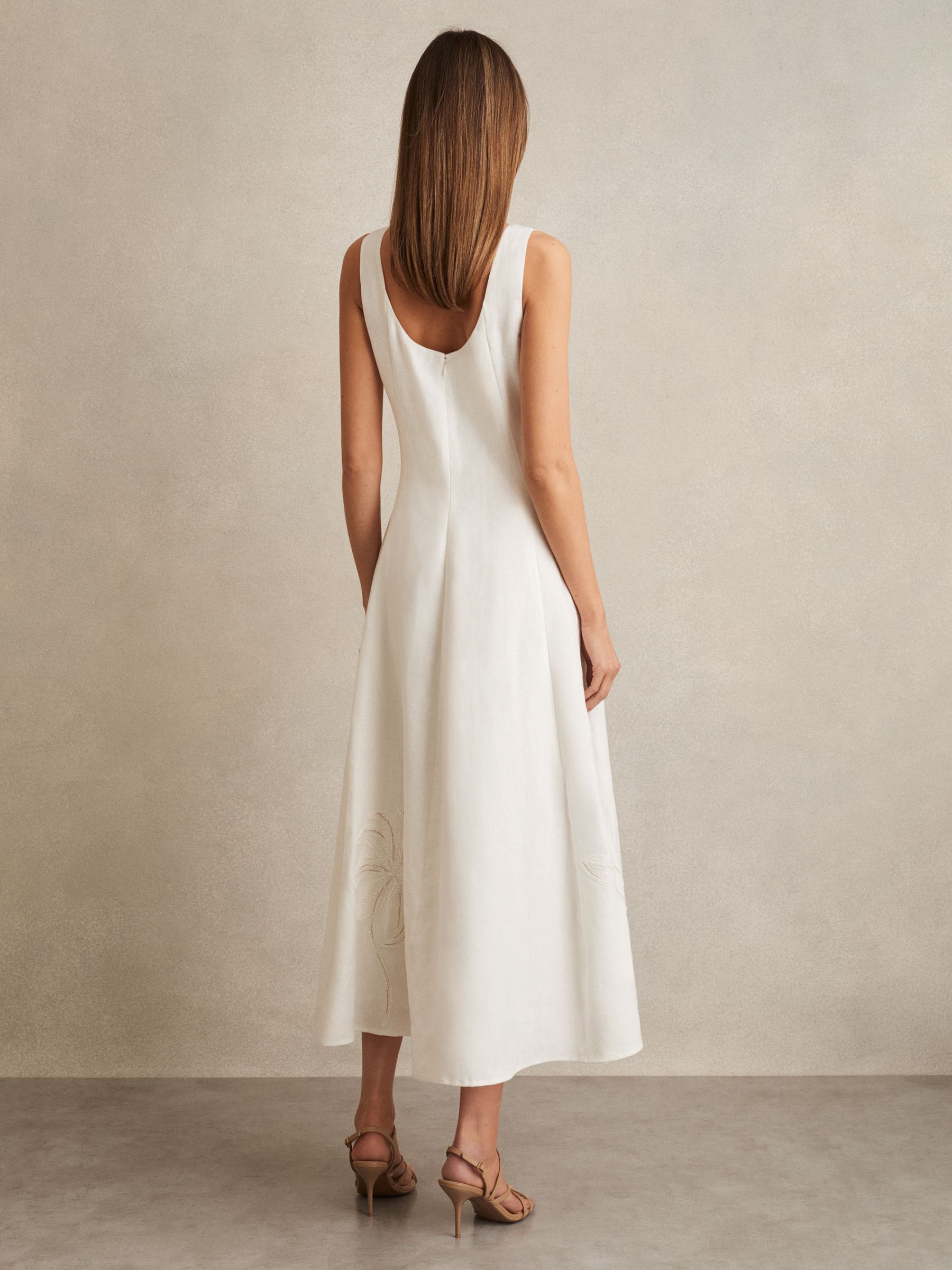 Linen Floral-Embroidered Midi Dress in Ivory