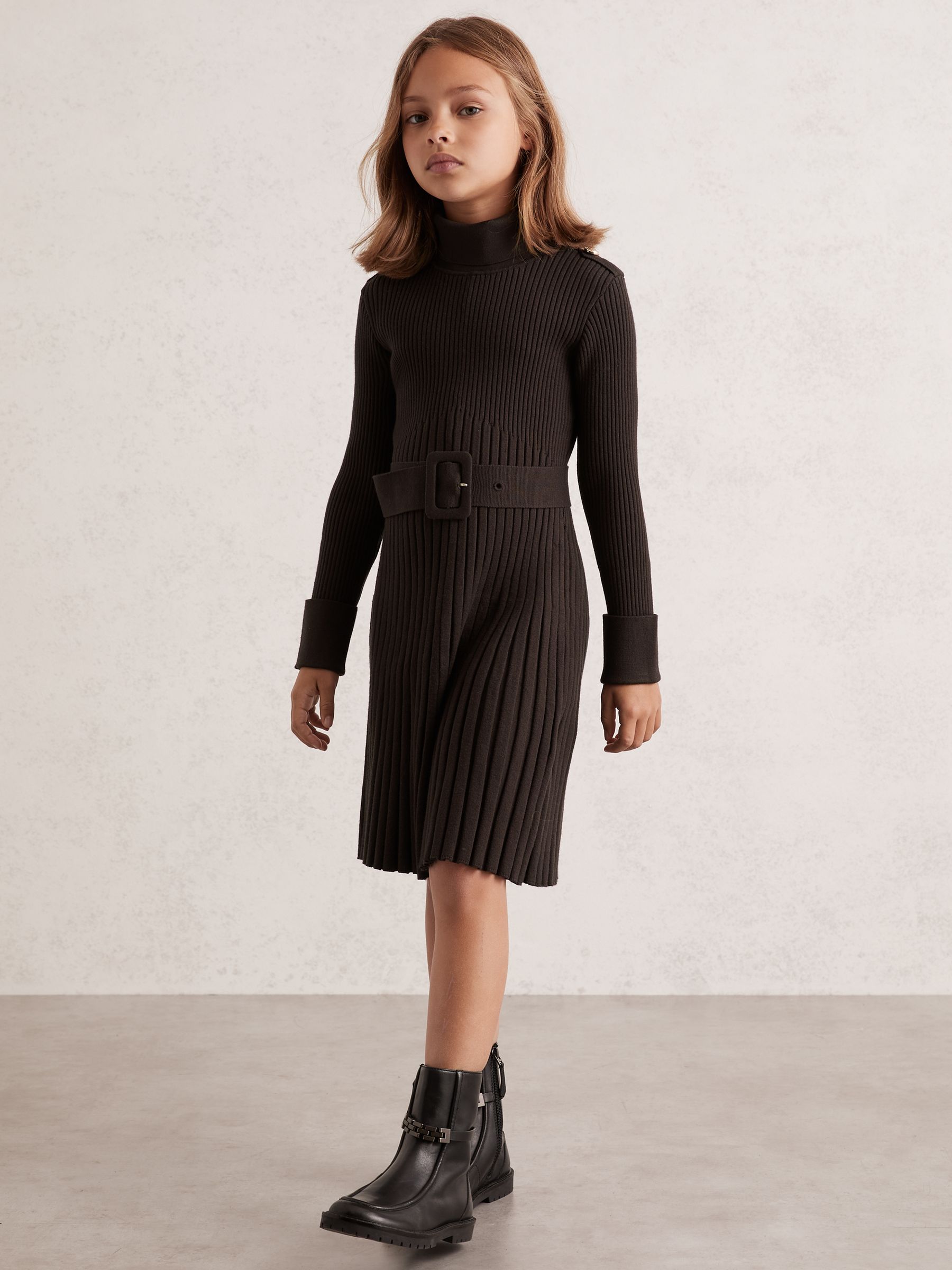 3-9 yrs Rib-Knit Roll-Neck Belted Dress in Chocolate