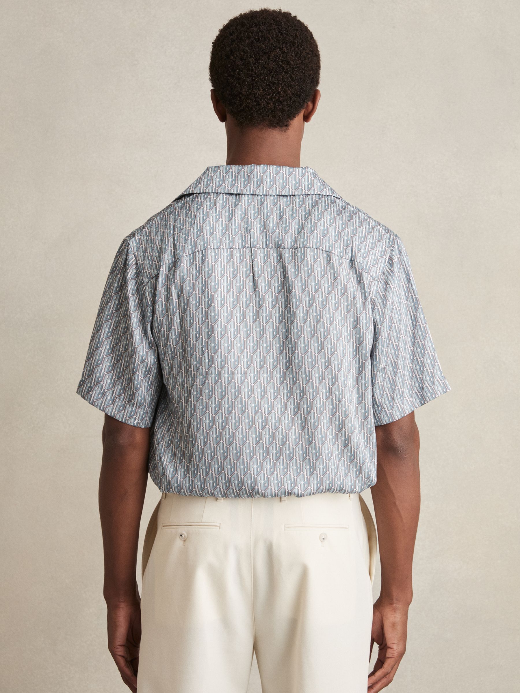 Monogram-Print Cuban-Collar Shirt in Blue