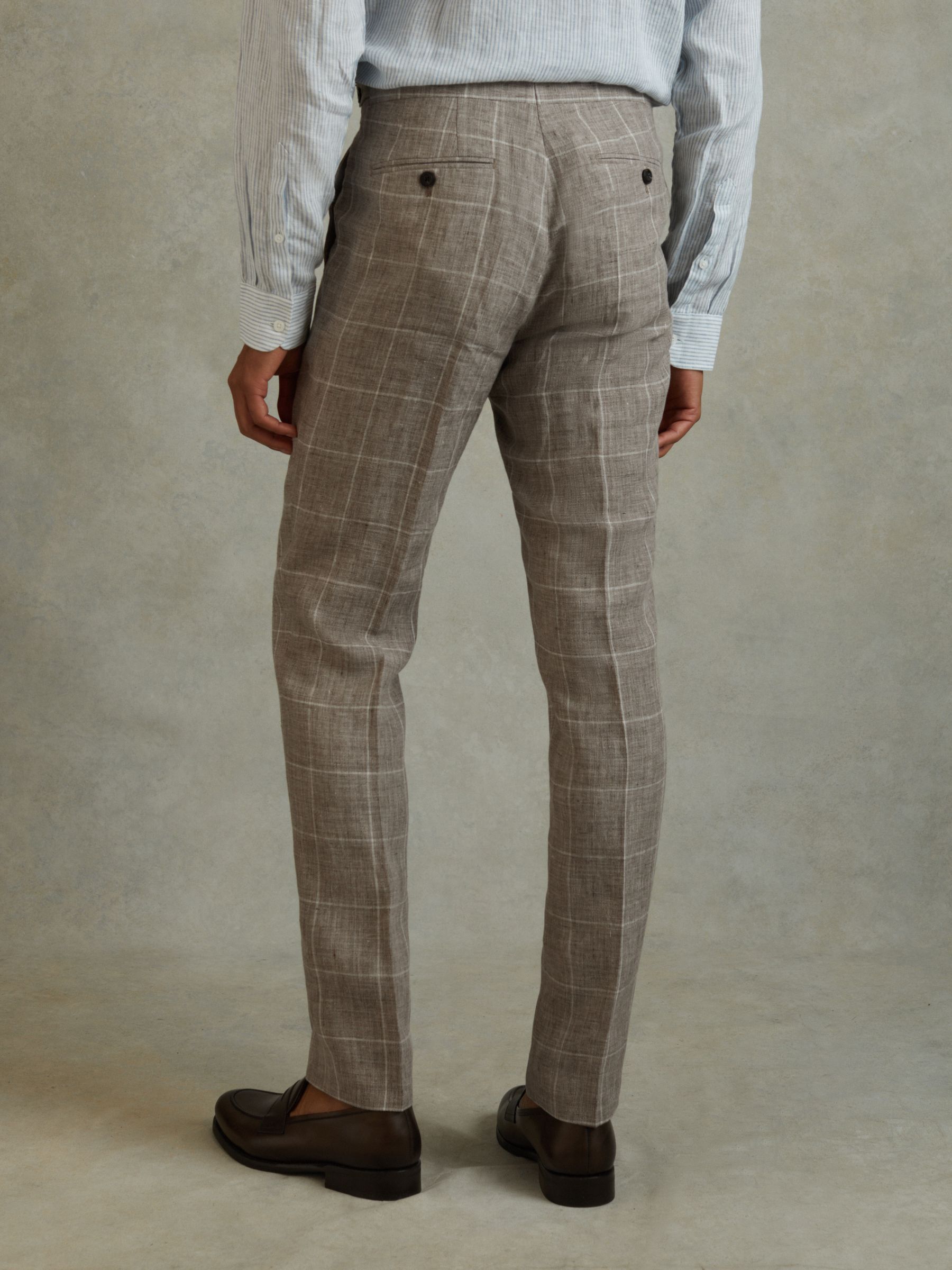 Burgess Light Taupe 100% Linen Side Adjuster Check Slim Fit Trousers