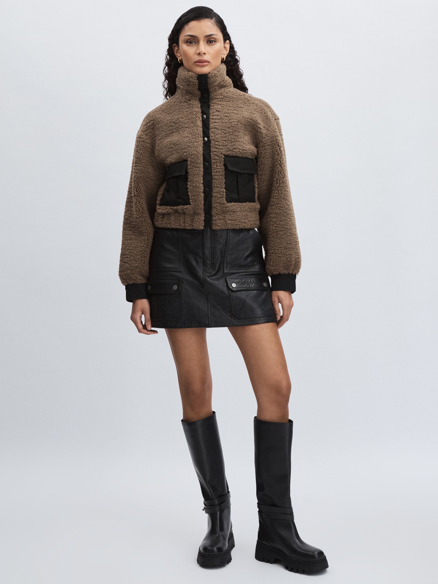 Paige Faux-Shearling Press-Stud Jacket in Cocoa