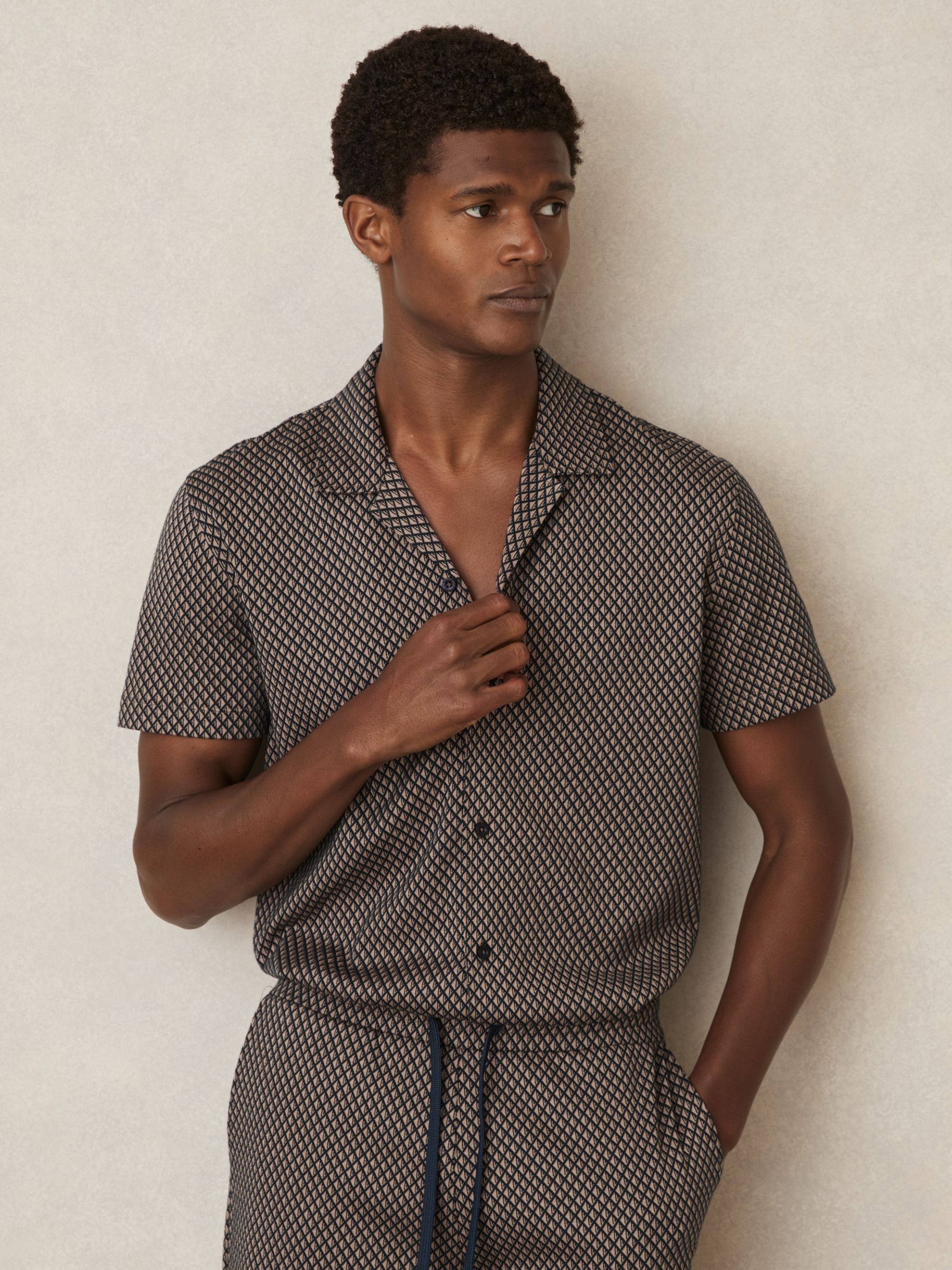 Geometric Jacquard Cuban-Collar Shirt in Tobacco Brown/Navy