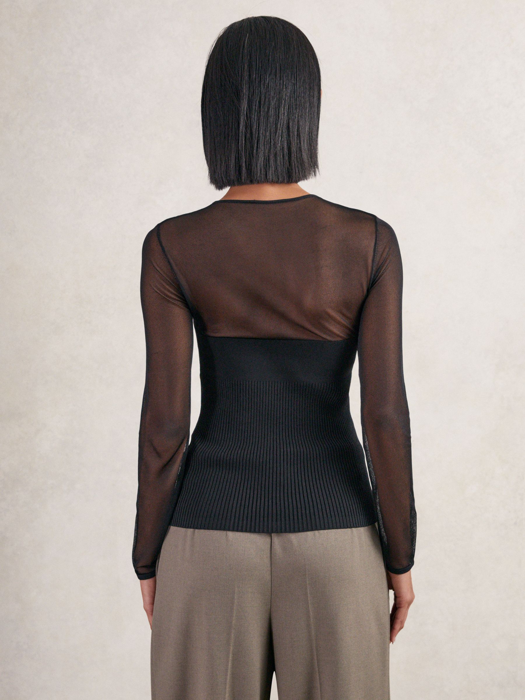 Mesh Knit Sweetheart Long-Sleeve Top in Black