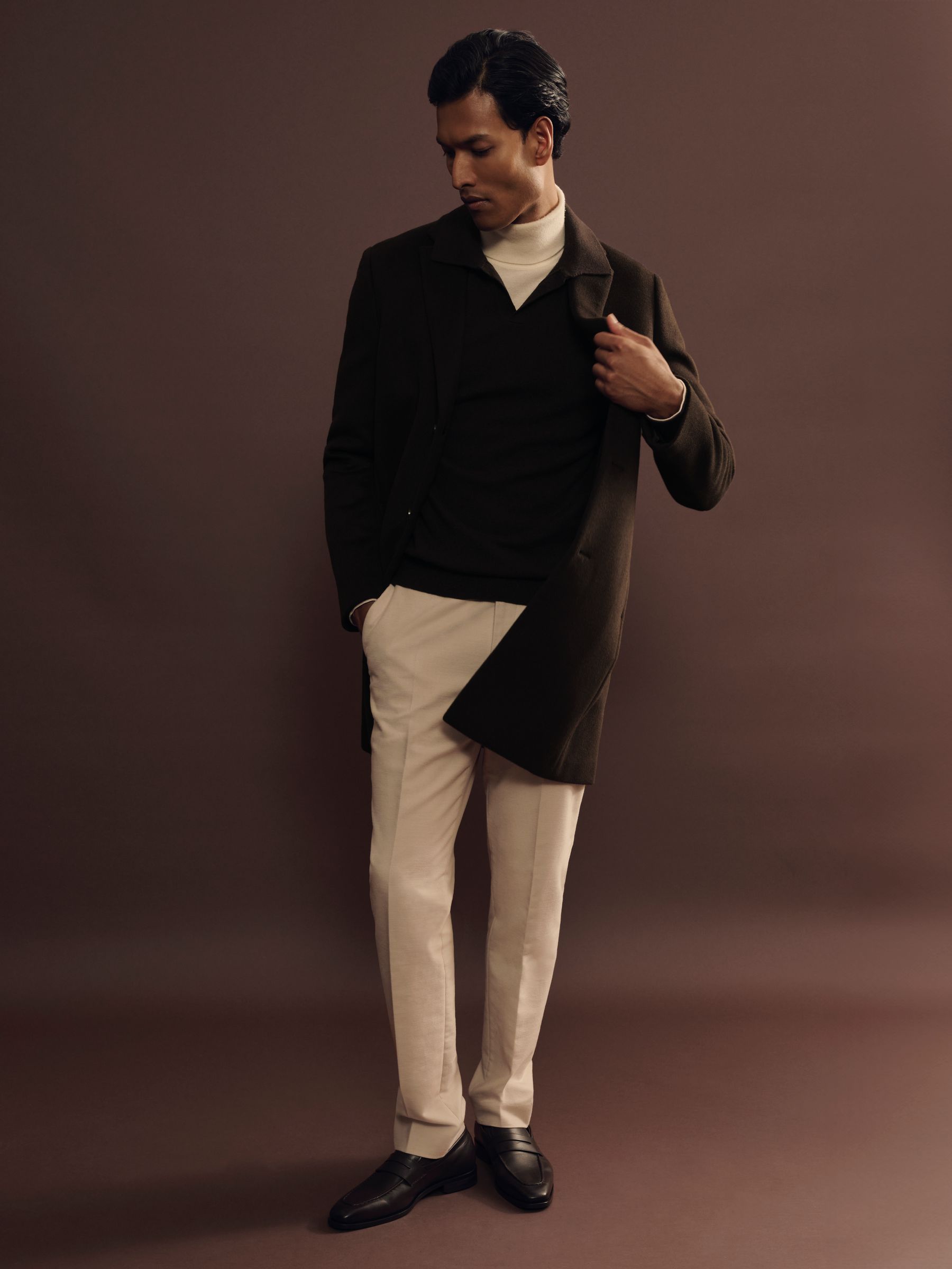 Wool Blend Single Breasted Epsom Overcoat in Chocolate Brown