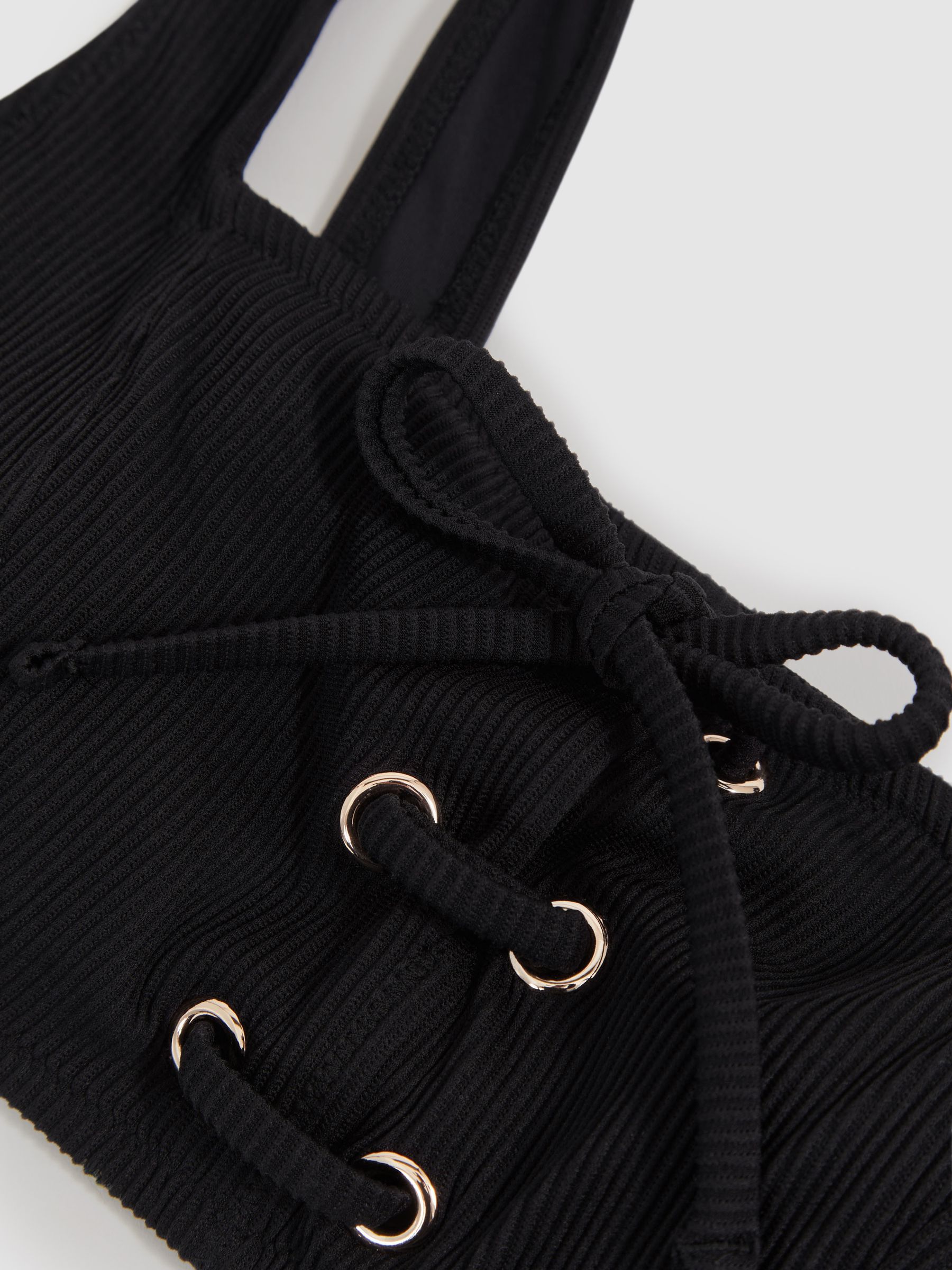 Ribbed Lace-Up Bikini Top in Black