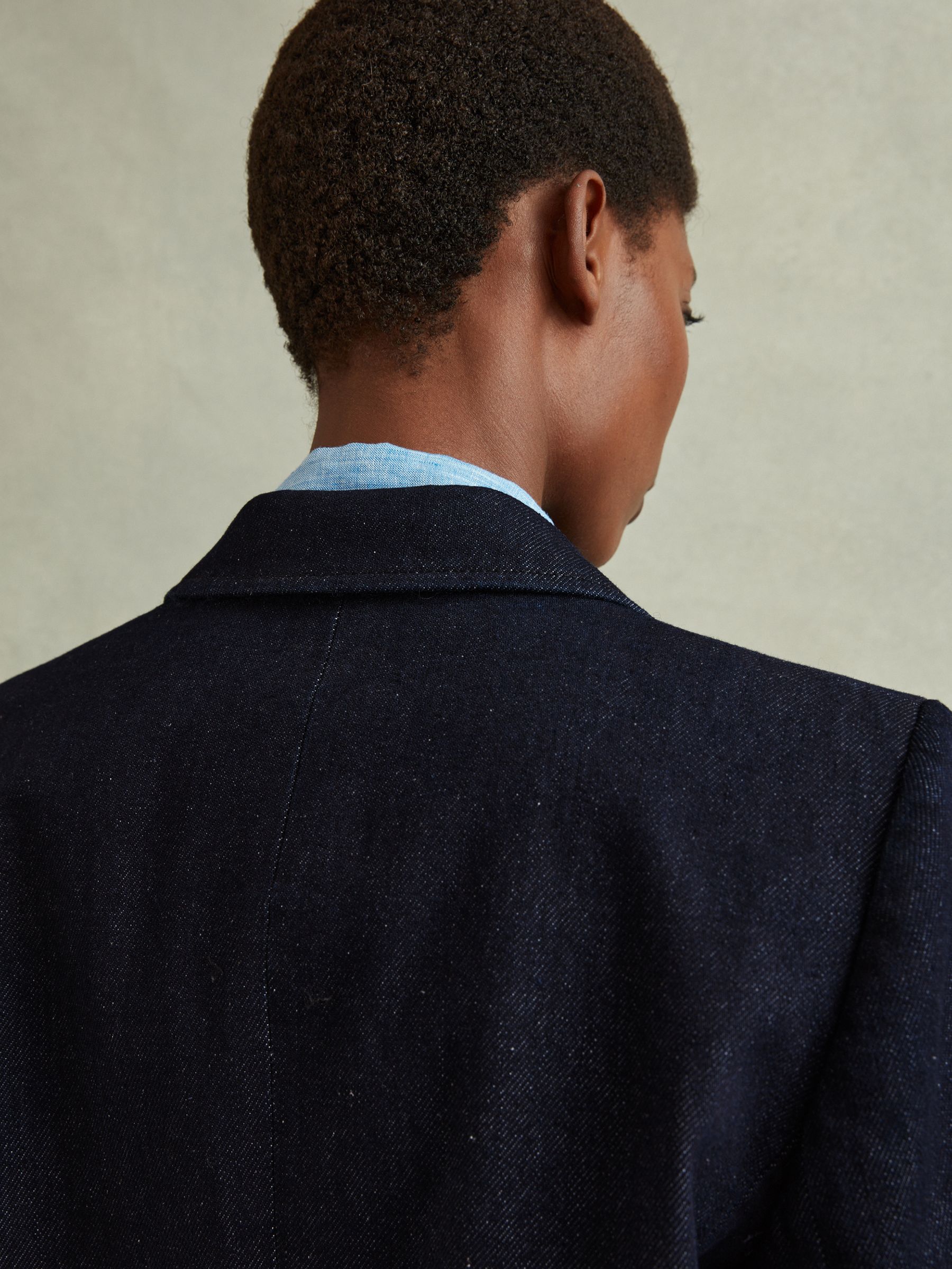 Double Breasted Denim Suit: Blazer in Dark Blue