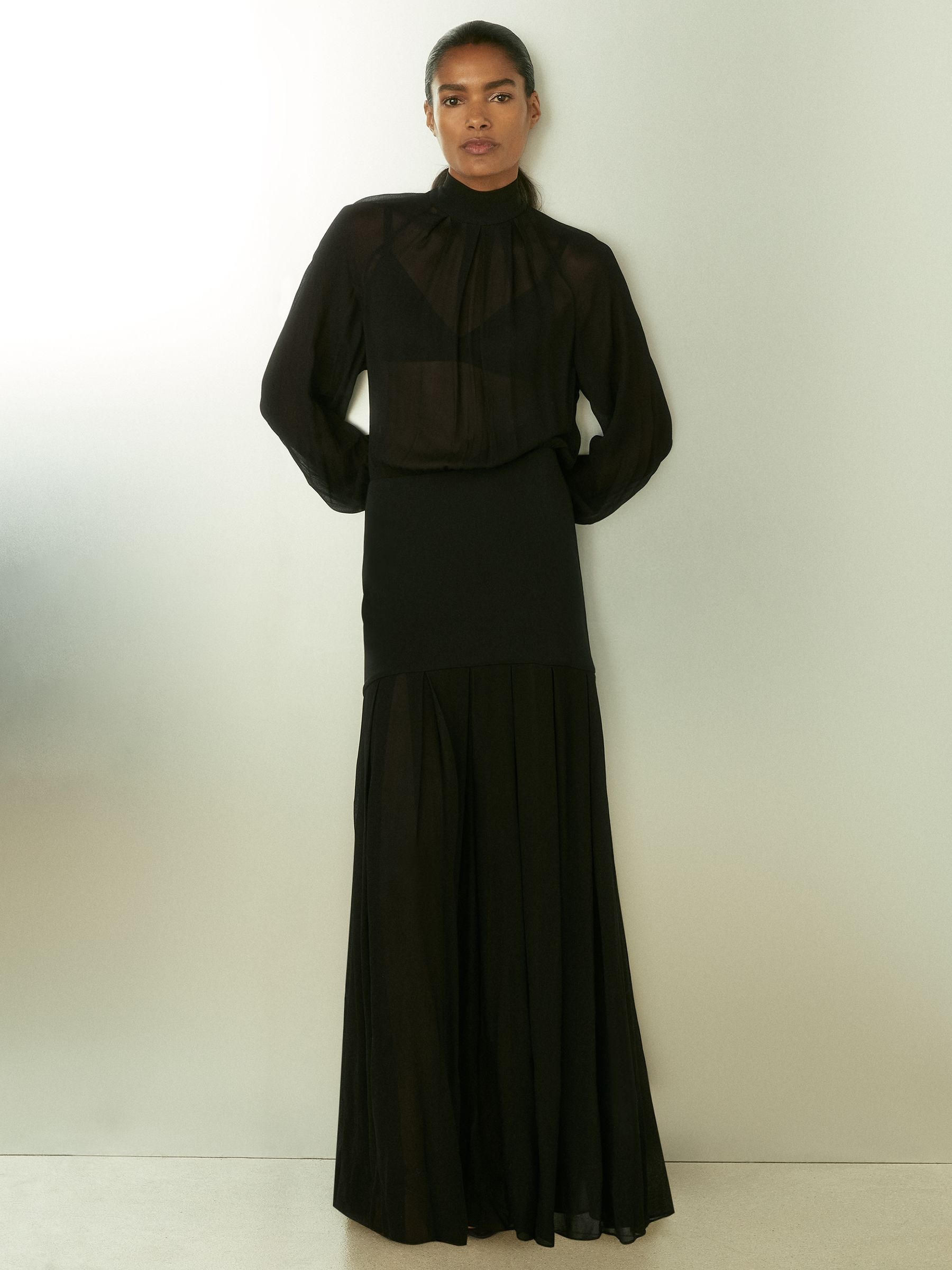 Sheer Jersey Gathered Maxi Dress in Black