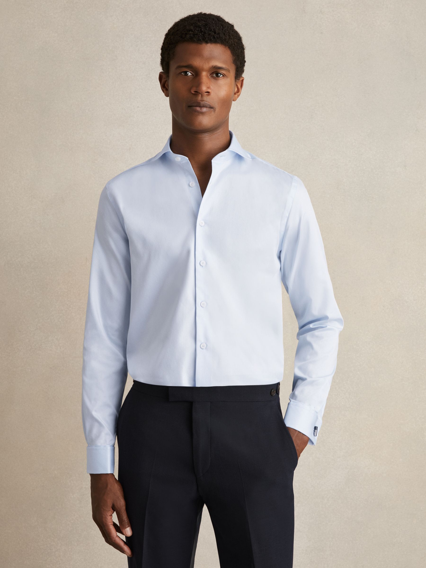 Regular Fit Cotton Double-Cuff Shirt in Soft Blue