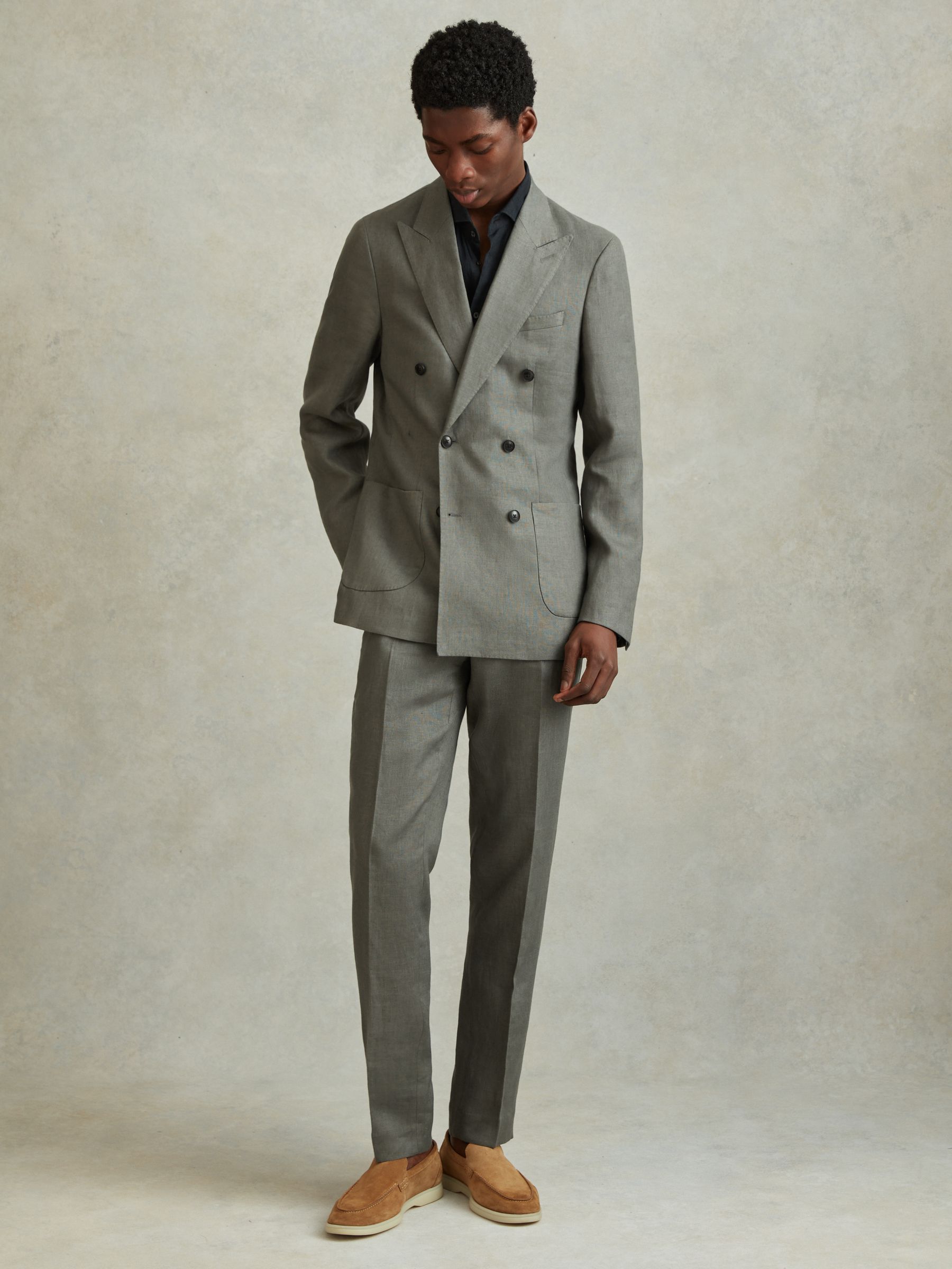 Halgas Dark Sage 100% Linen Side Adjuster Slim Fit Trousers