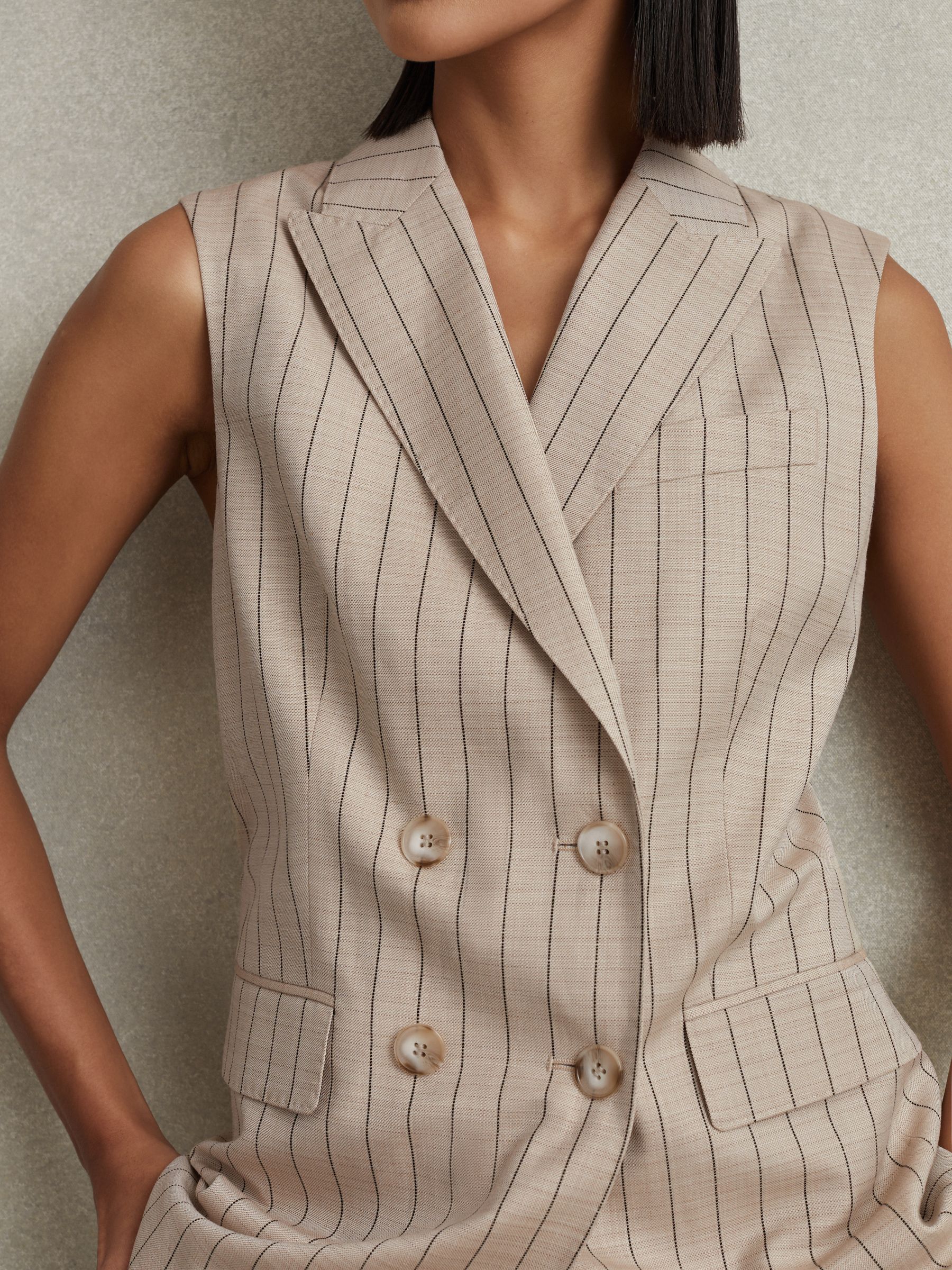 Wool Blend Striped Double Breasted Waistcoat in Neutral