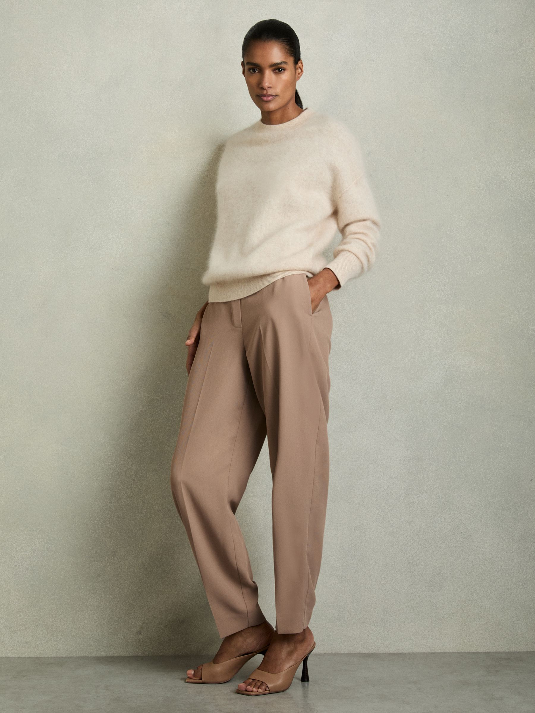 Tapered Elasticated-Waist Trousers in Mink Neutral