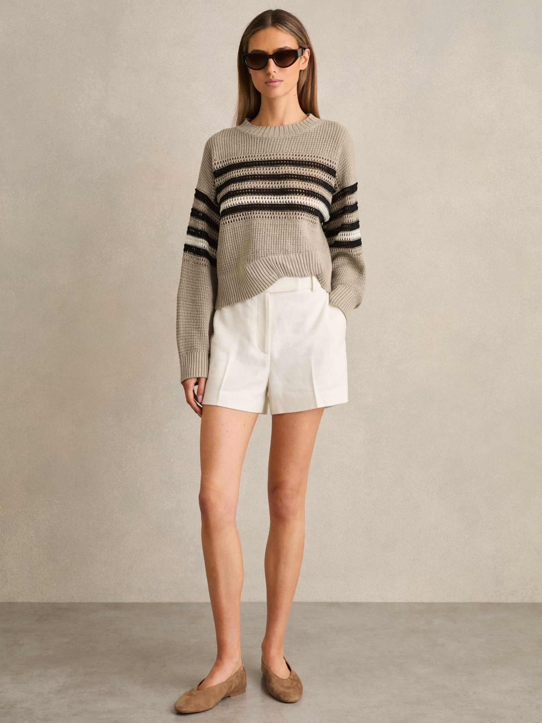 Linen Crochet Striped Jumper in Neutral/Black
