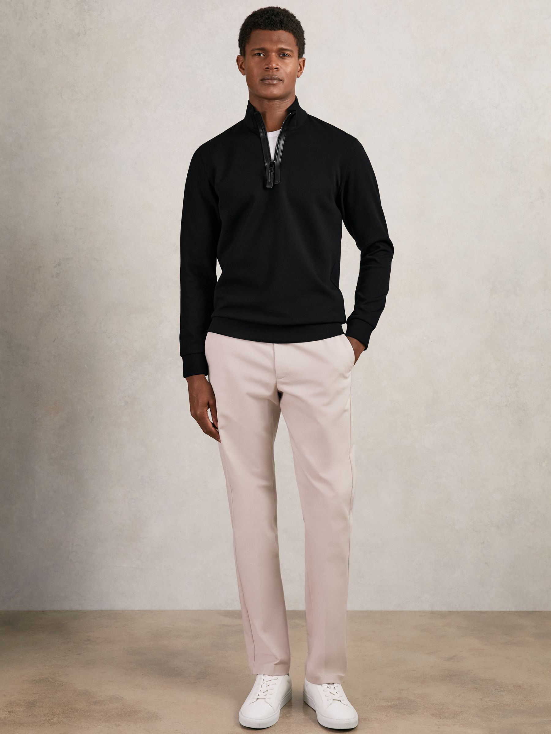 Leather-Placket Interlock Sweatshirt in Black