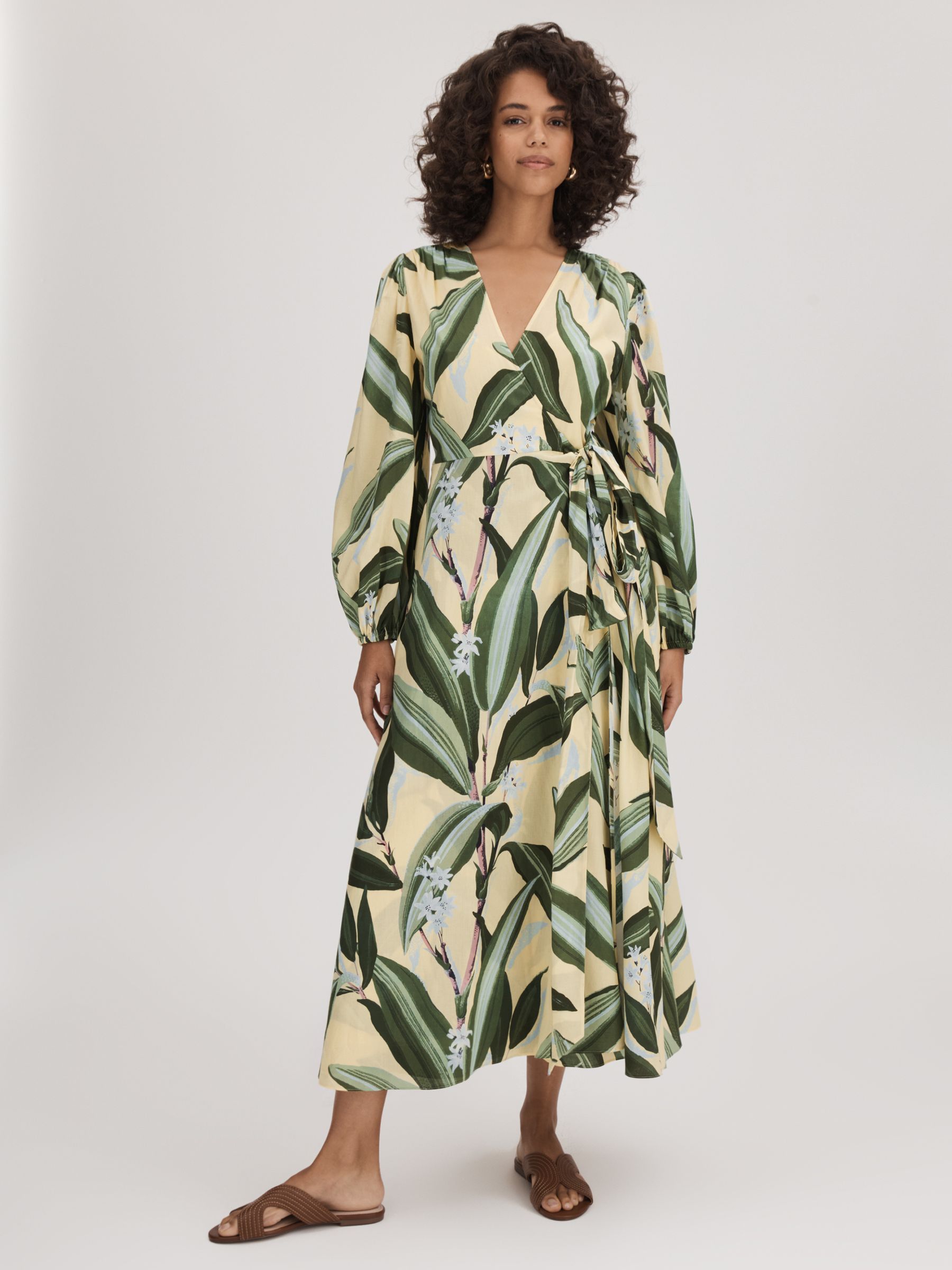 Florere Printed Wrap Midi Dress in Pale Yellow