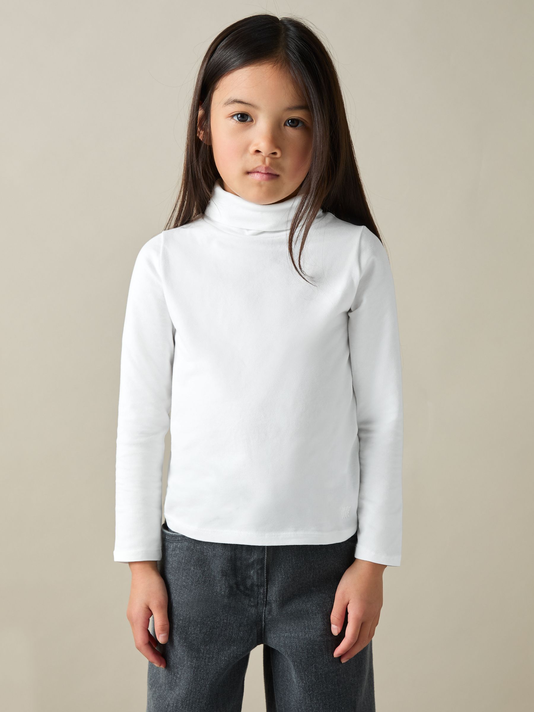 9-13 yrs Cotton-Jersey Roll-Neck Top with Stretch in Ivory