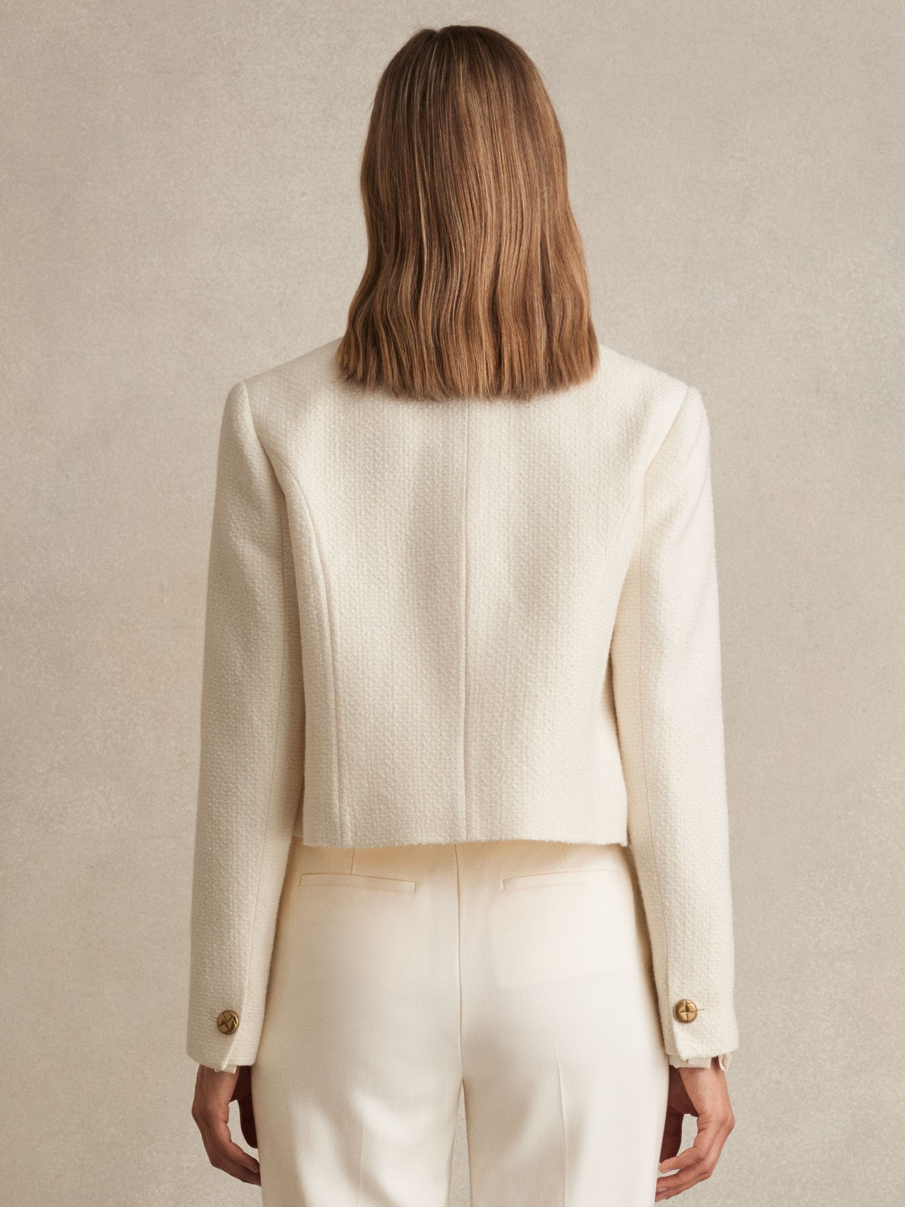 Double-Breasted Textured Cropped Blazer with Wool and Cotton in White