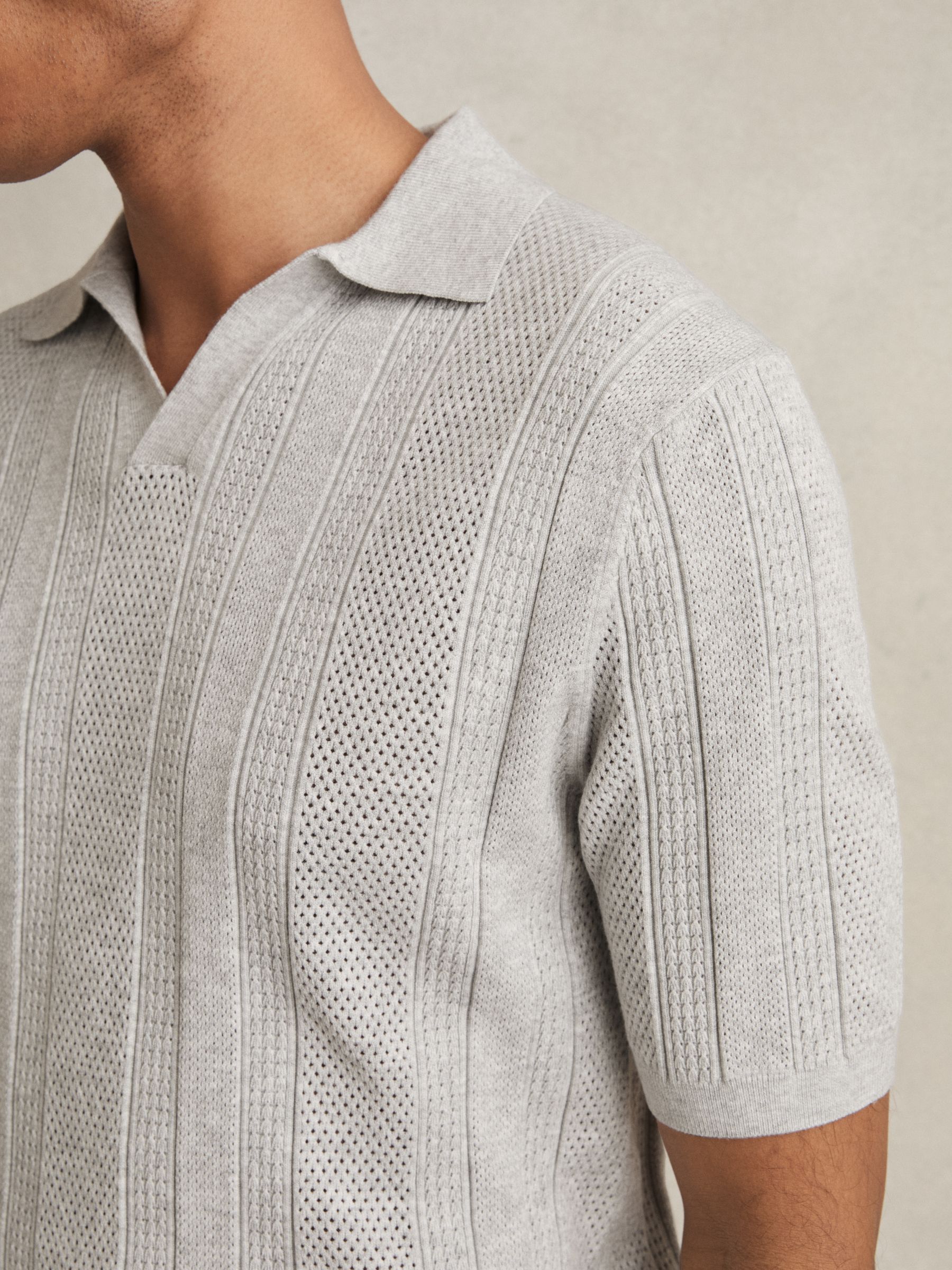 Textured-Stripe Knitted Polo Shirt in Grey Melange