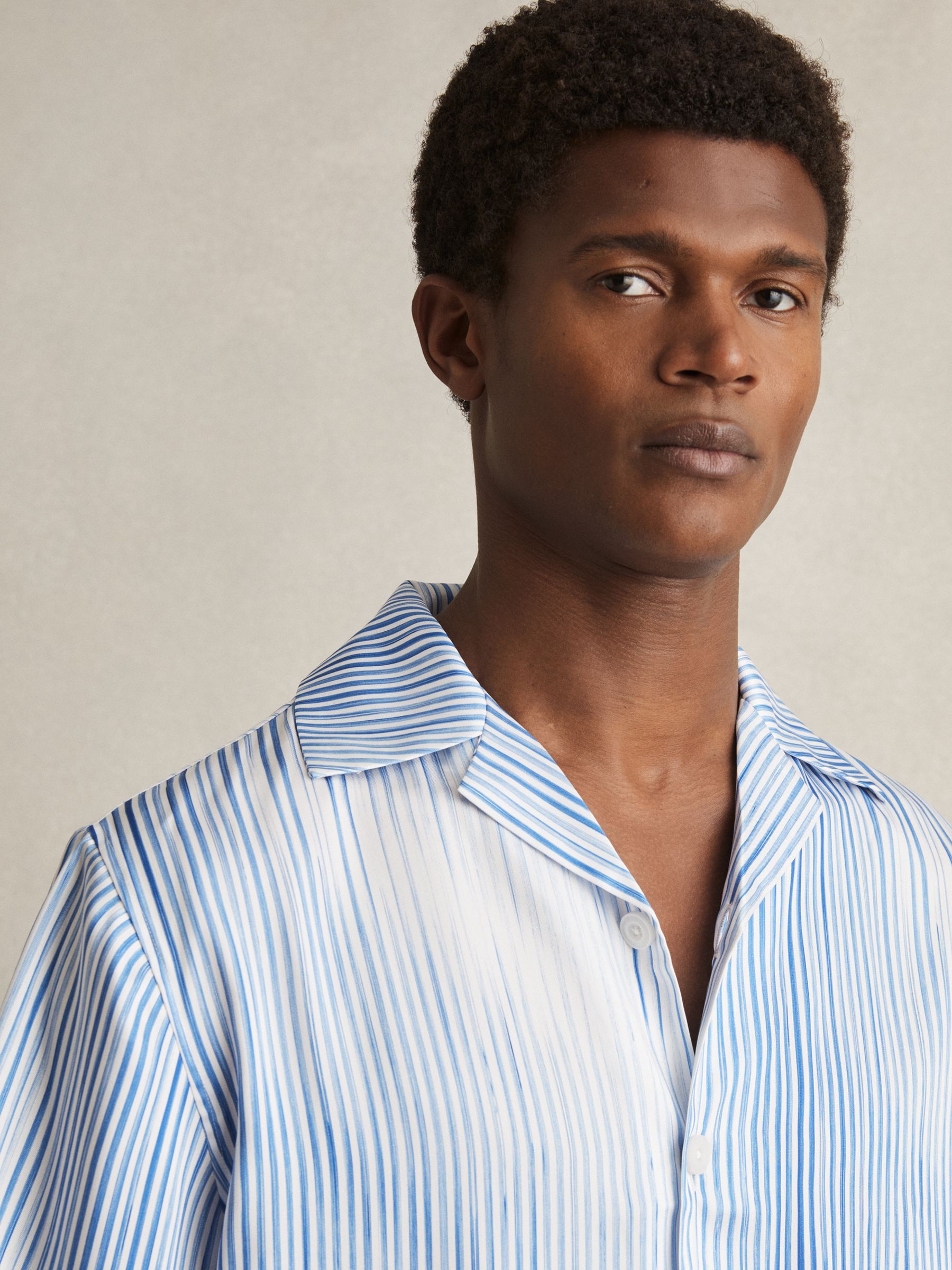 Faded-Stripe Cuban-Collar Shirt in Soft Blue/White