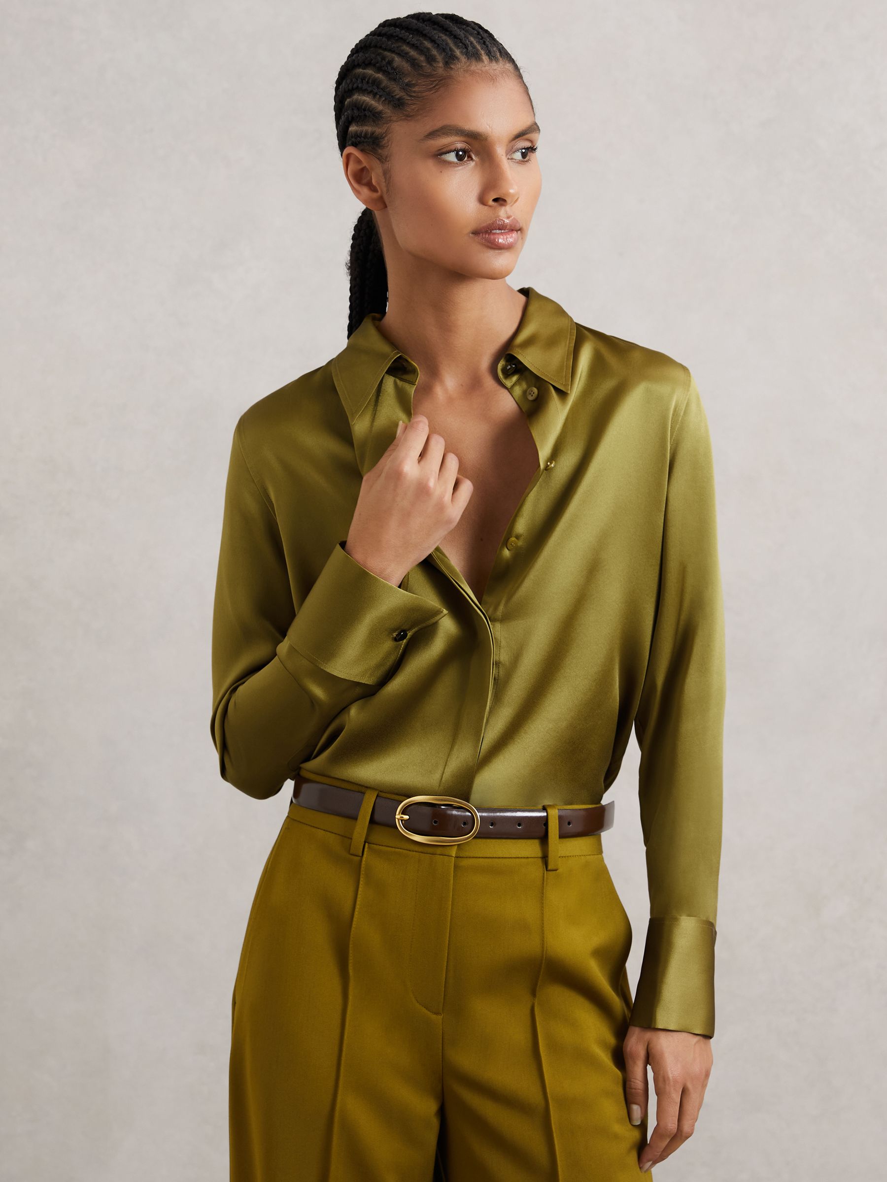 Silk-Satin Concealed-Placket Shirt in Light Green