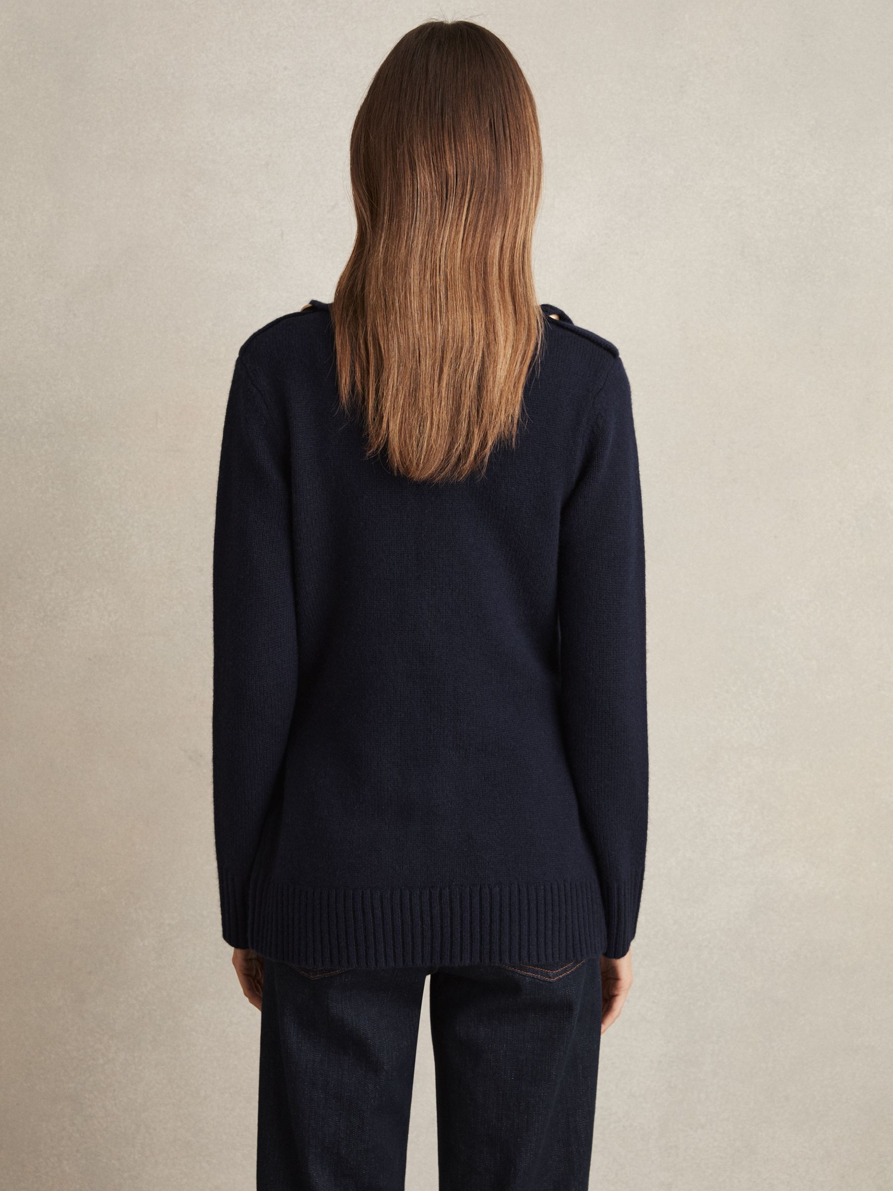 Wool-Cashmere Spread Collar Cardigan in Navy