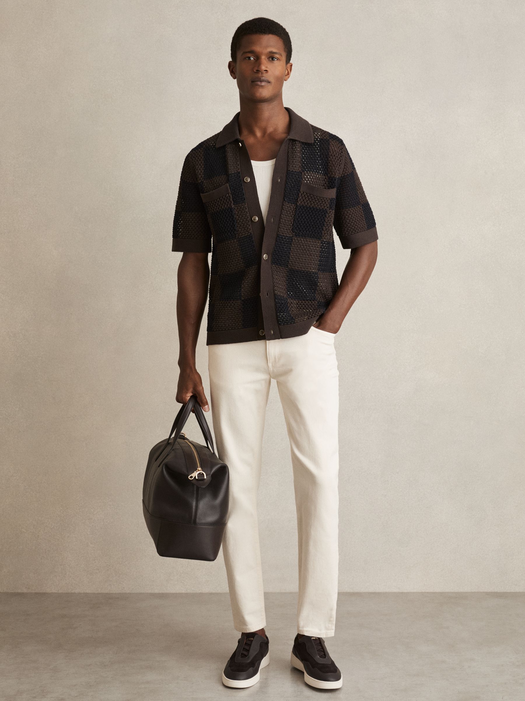 Cotton Chequerboard Crochet Shirt in Chocolate/Navy