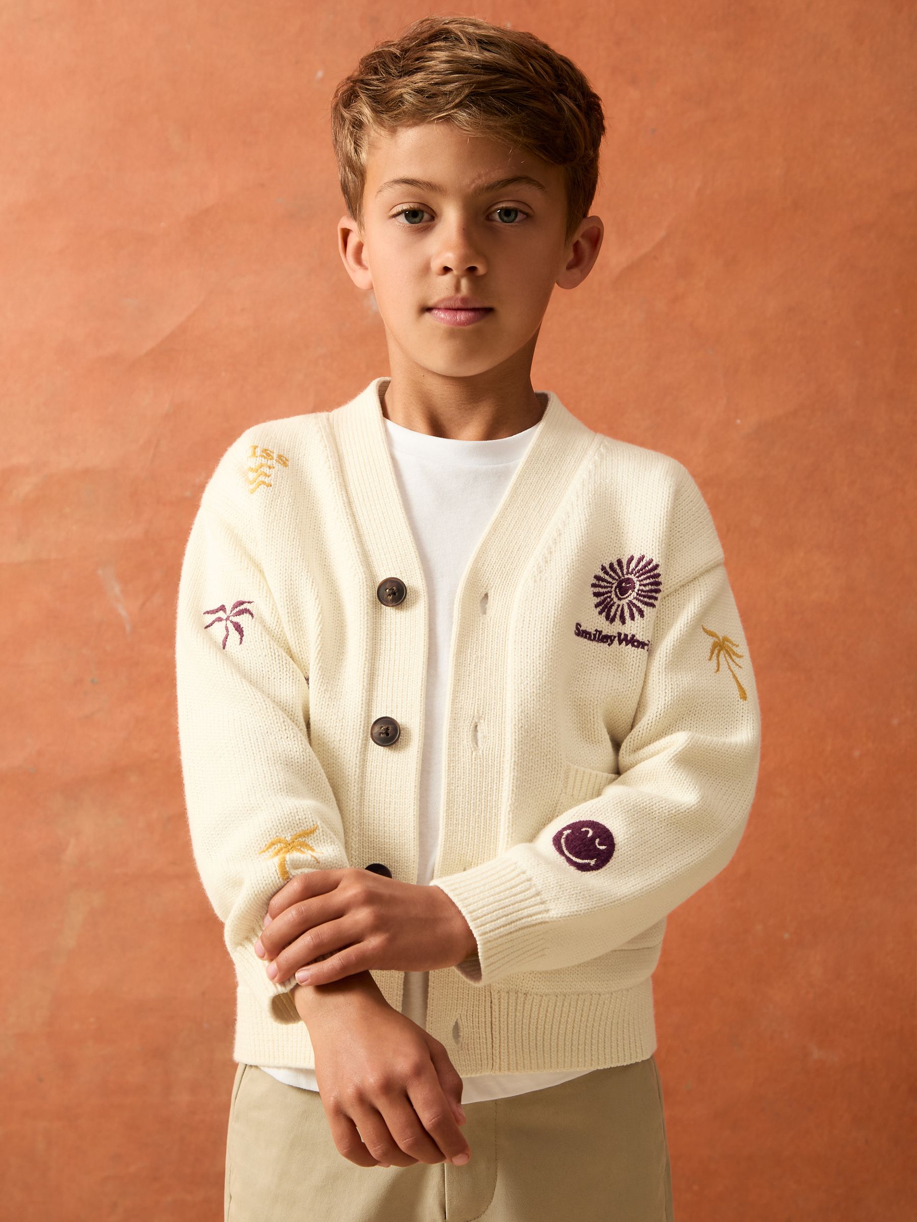 9-13 yrs SmileyWorld | Reiss Embroidery Cardigan Unisex Fit in Off White