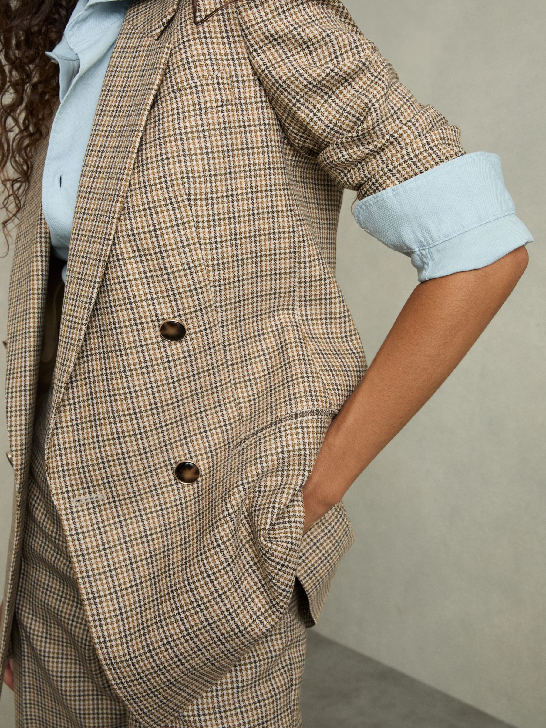 Wool Double-Breasted Houndstooth-Check Blazer in Brown Check