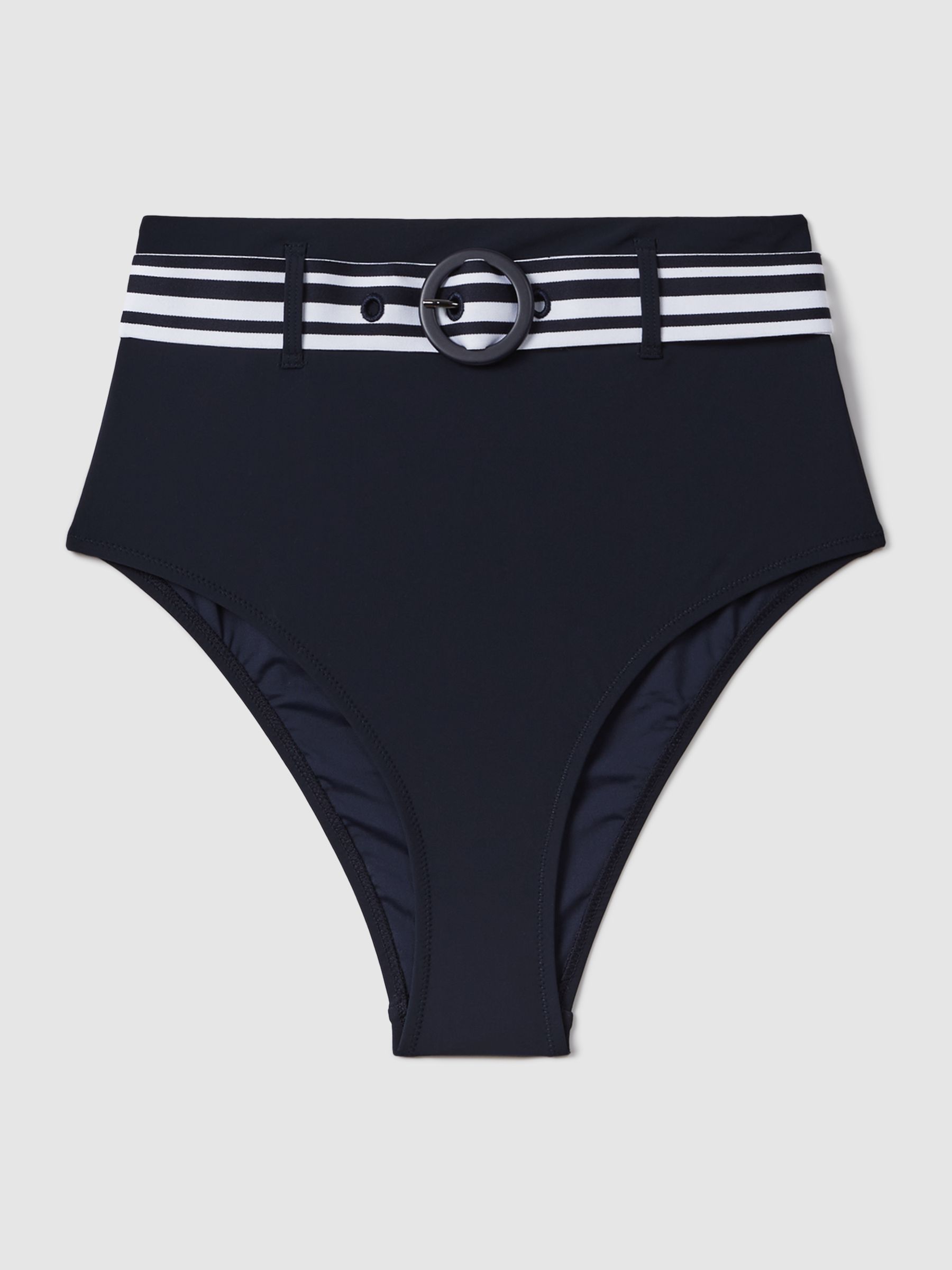 High Rise Belted Bikini Bottoms in Navy/White