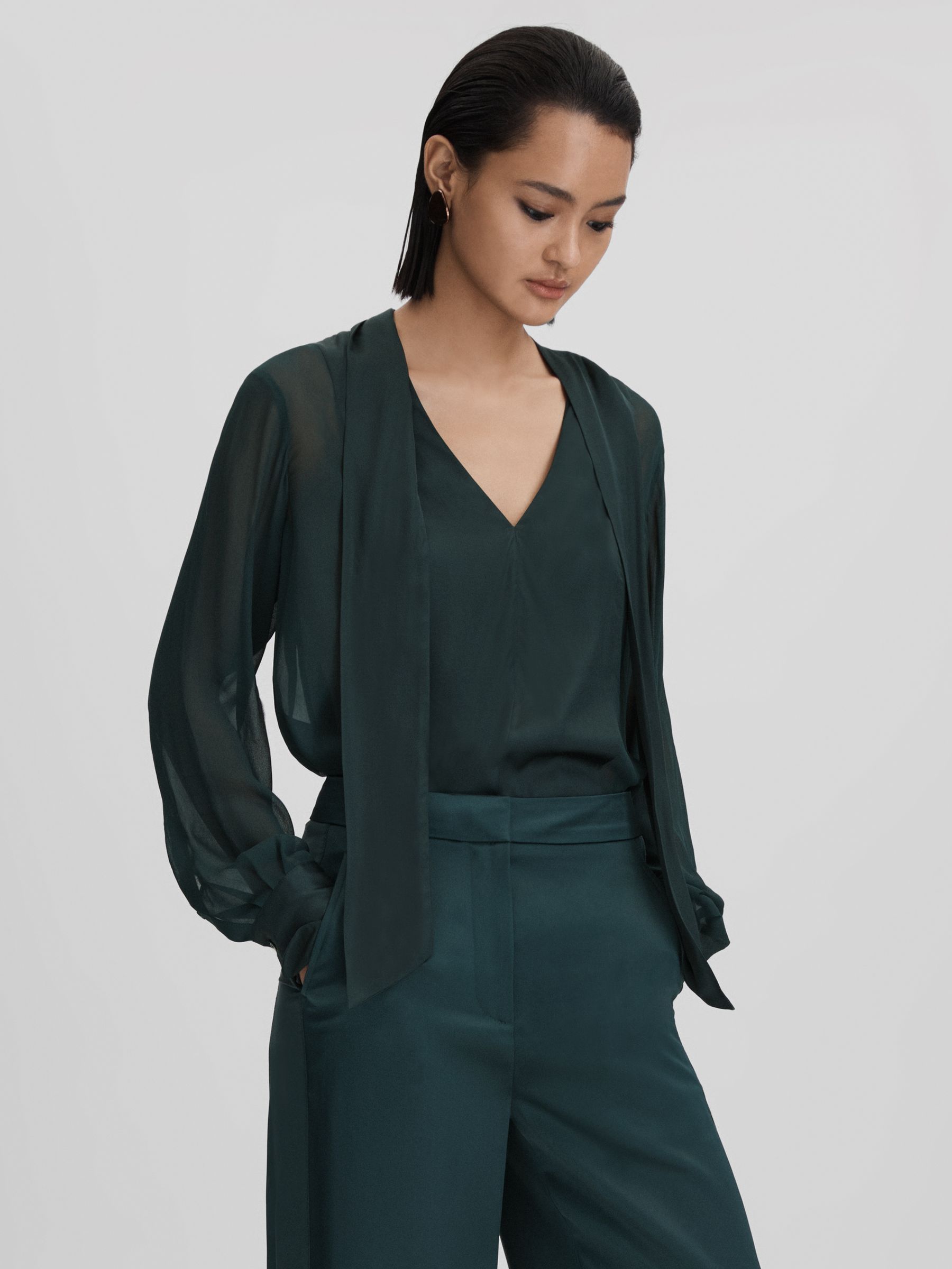 Semi Sheer Satin Tie Neck Blouse in Green