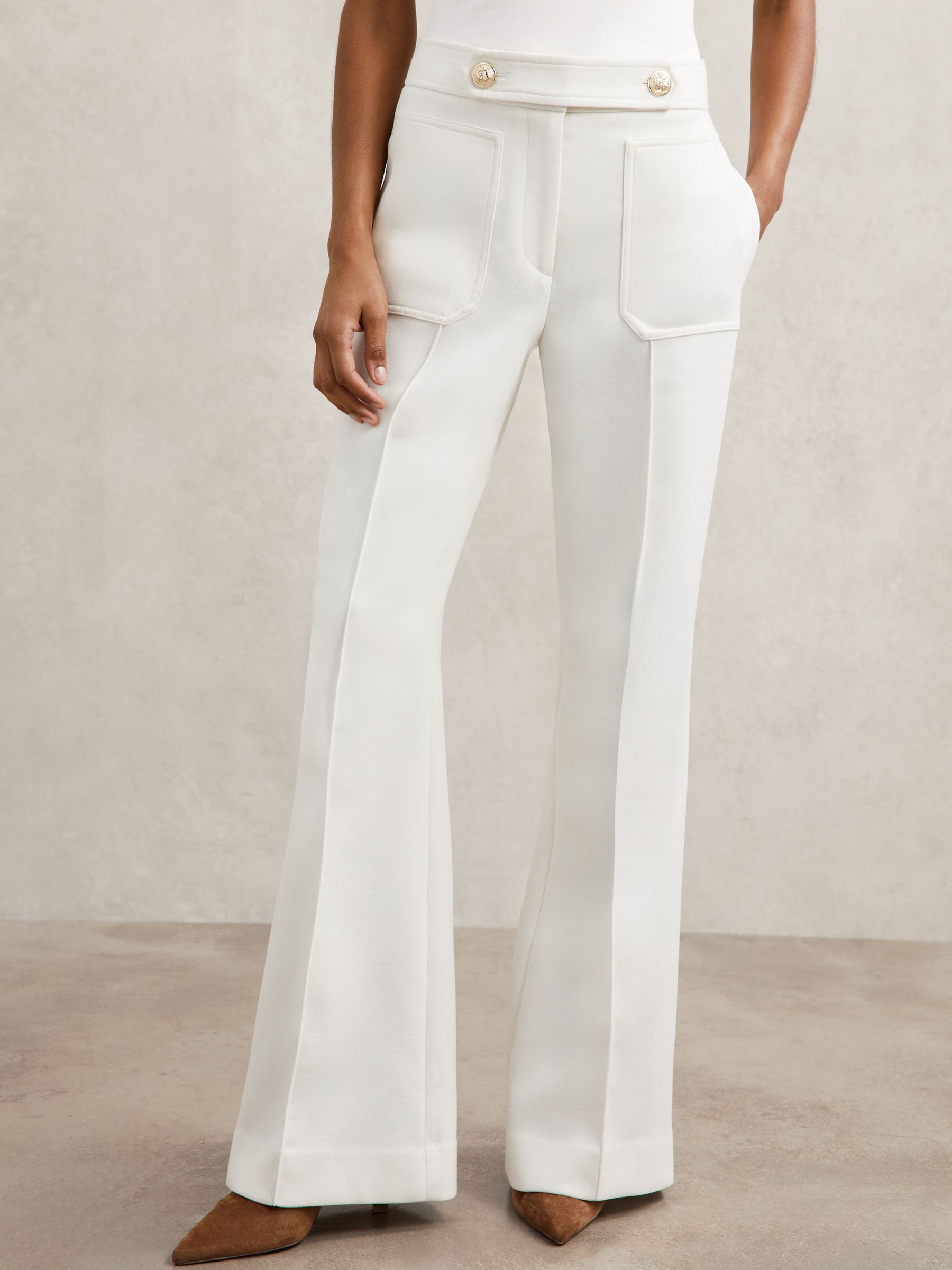 Twill Button-Tab Flared Trousers With Wool in White