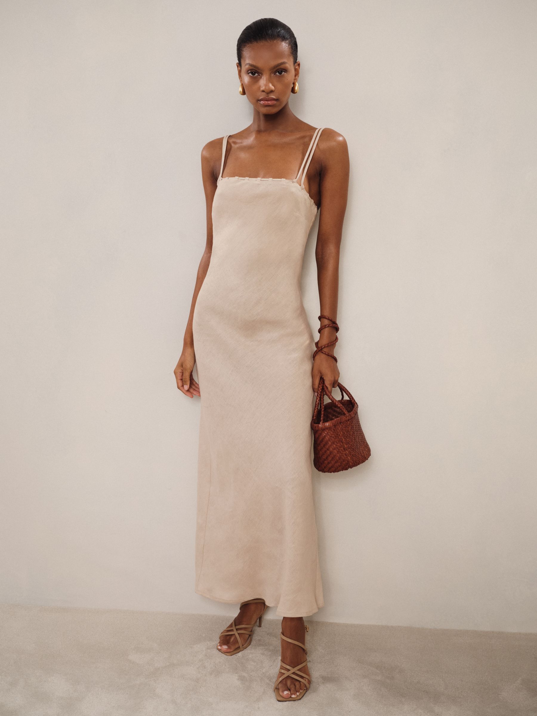 Linen Double-Strap Slip Dress in Neutral