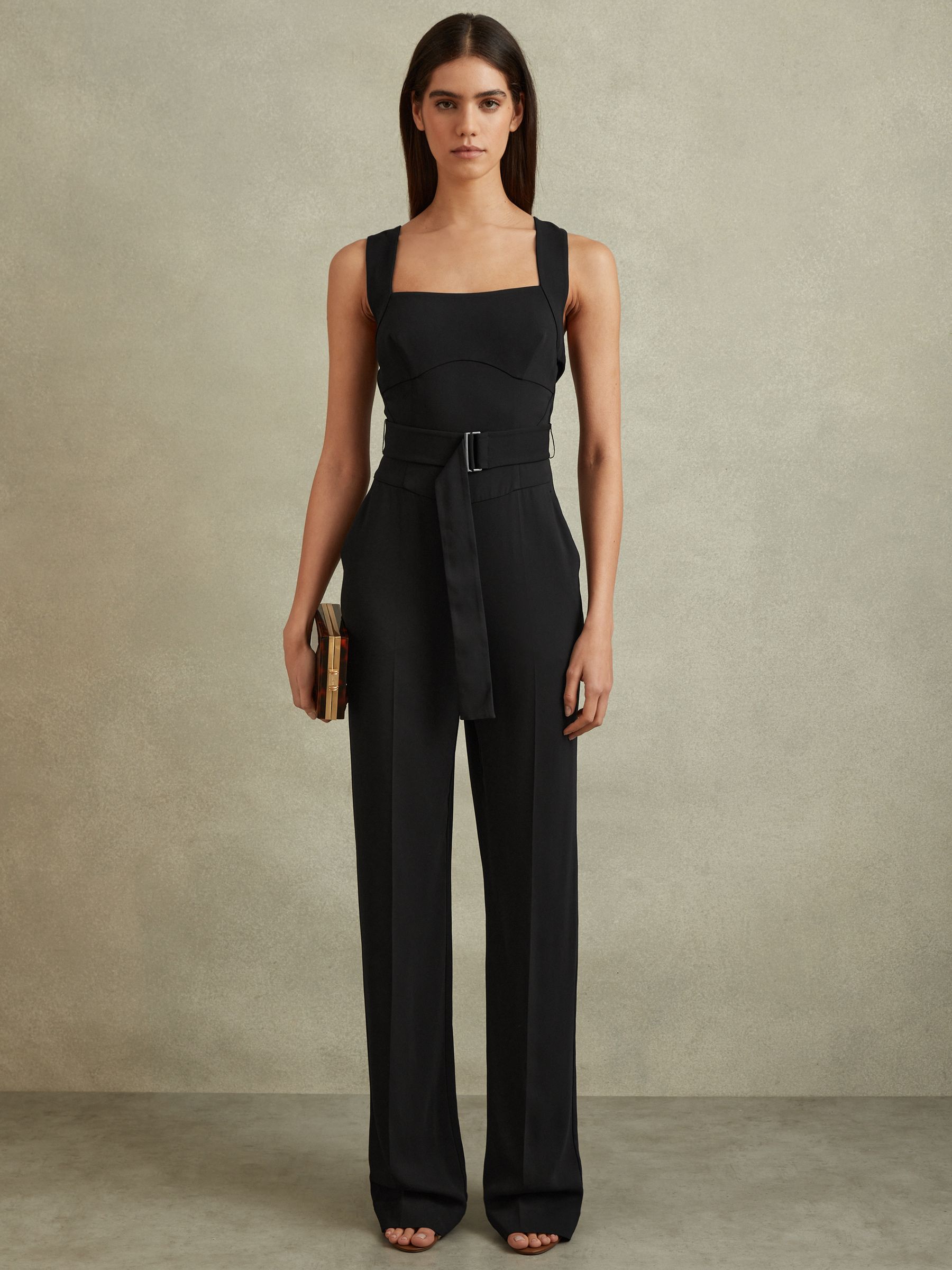 Cross Back Belted Jumpsuit in Black