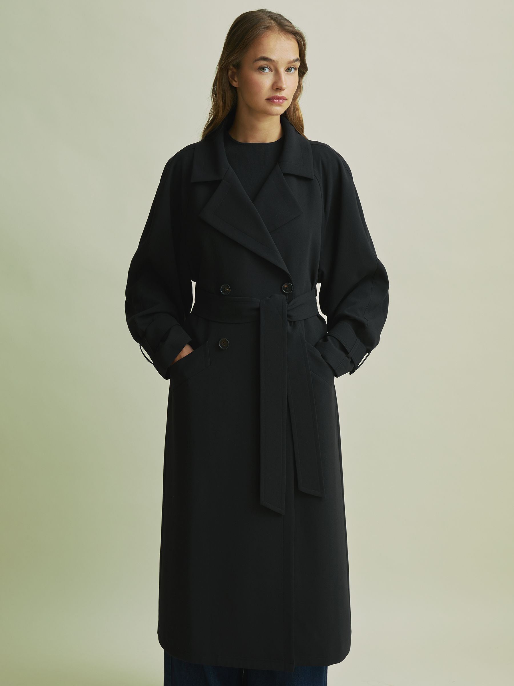 Florere Double Breasted Belted Trench Coat in Black