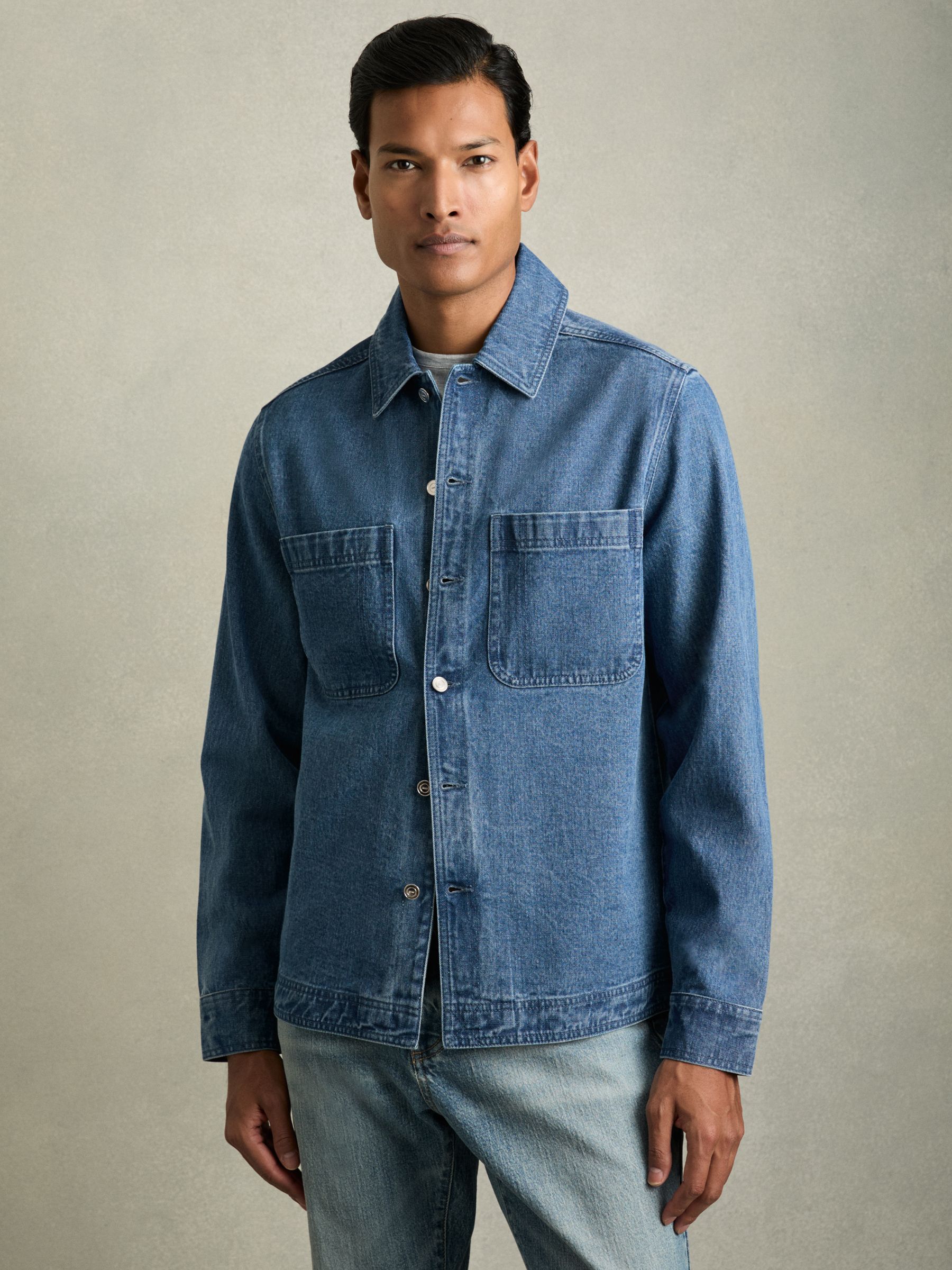 Cotton-Denim Button-Through Overshirt in Light Blue Wash