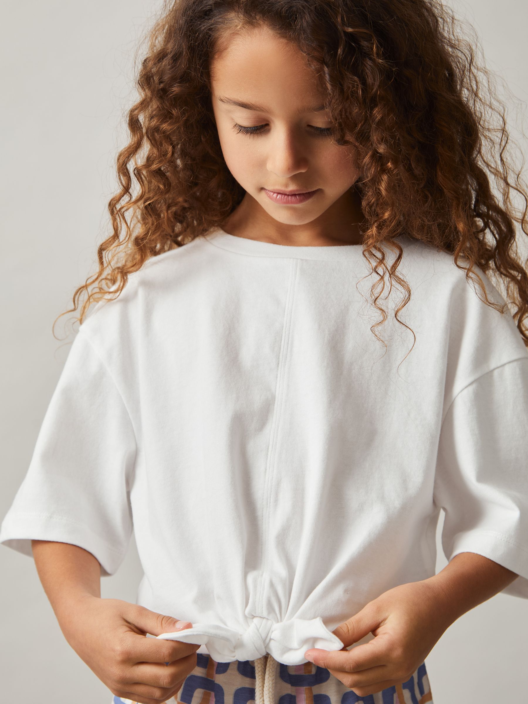 9-13 yrs Cotton Tie-Front Cropped T-Shirt in Ivory