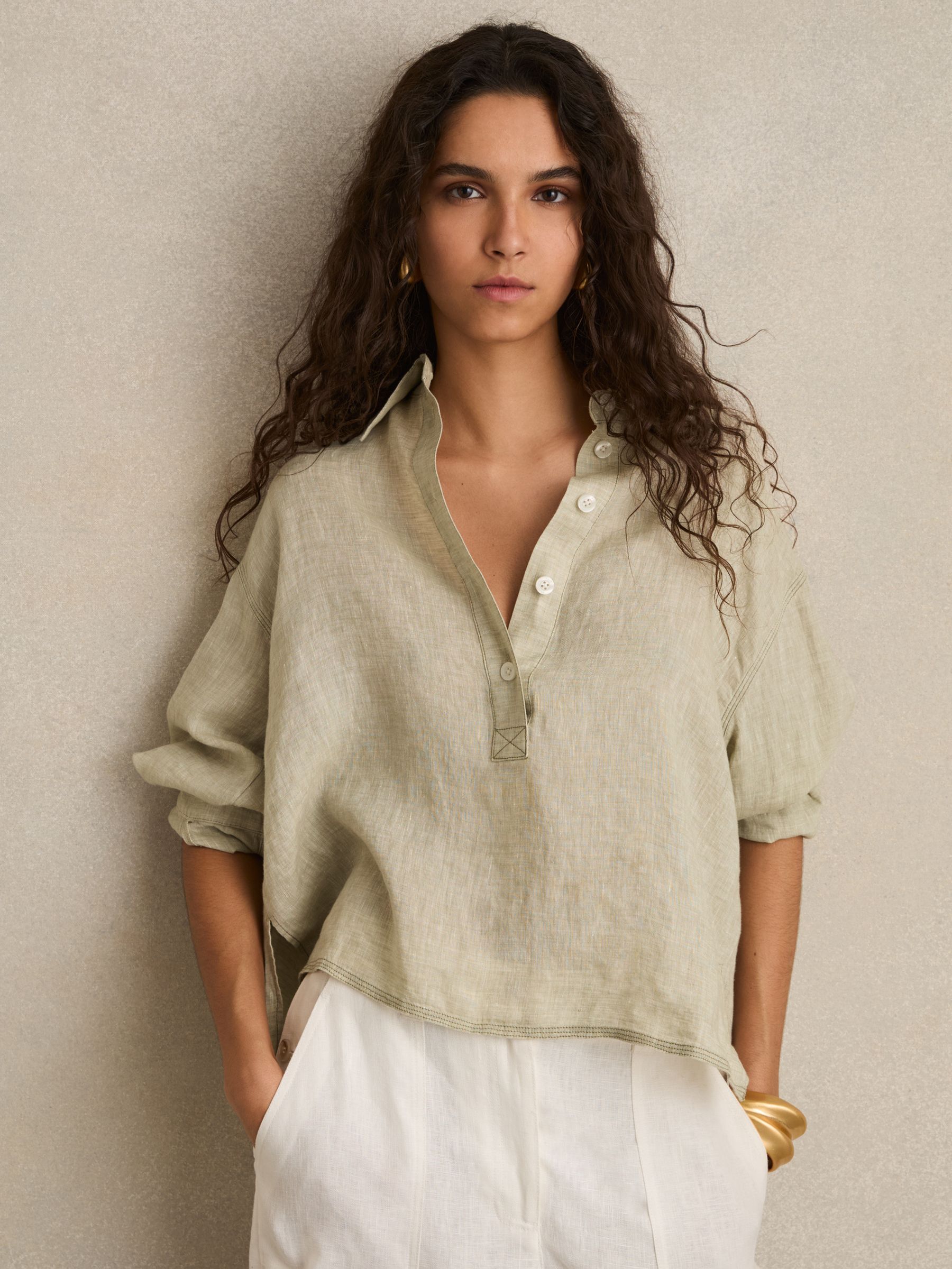 Linen Overhead Open-Collar Shirt in Sage