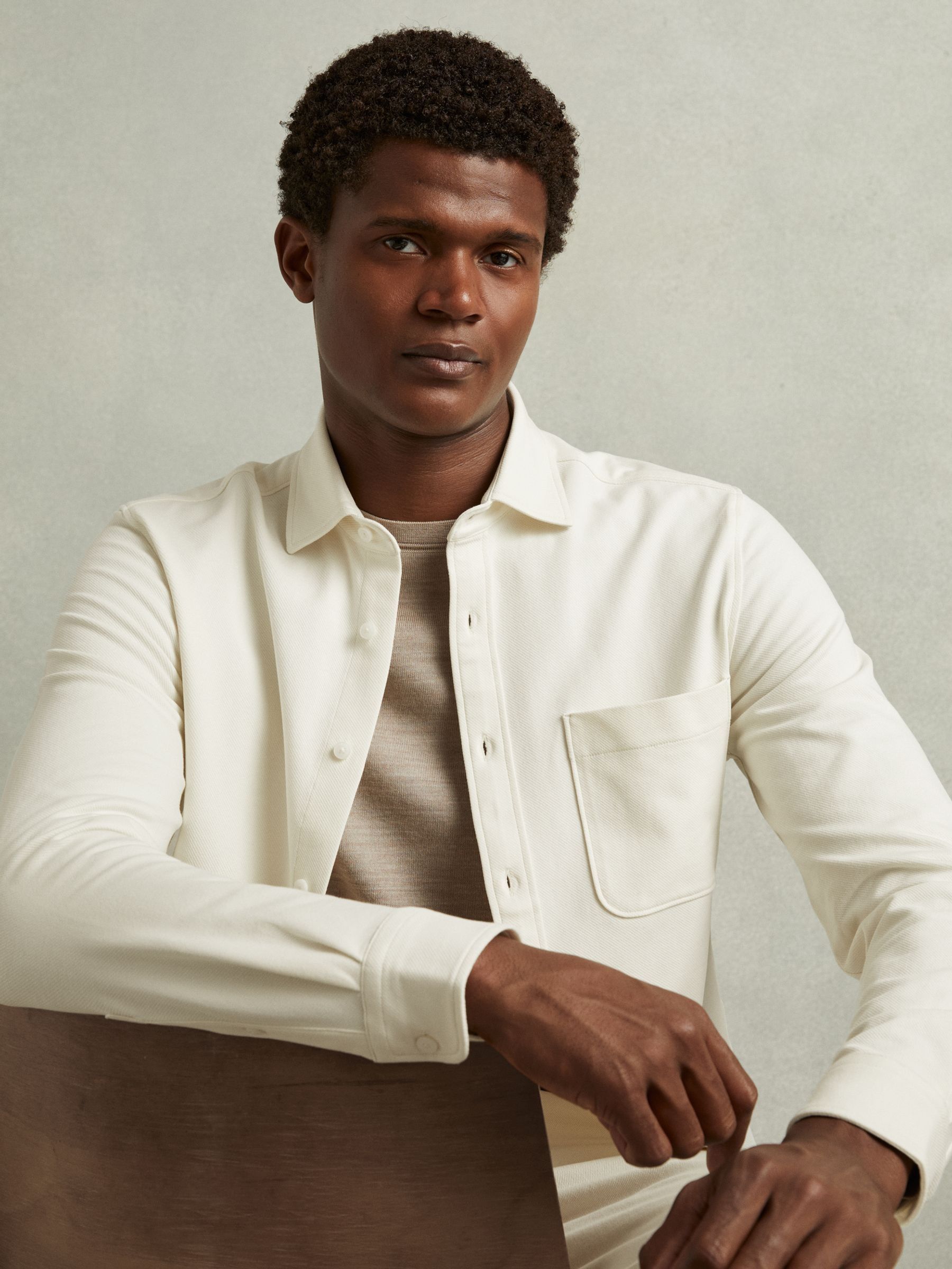 Cotton Blend Twill Overshirt in Off White