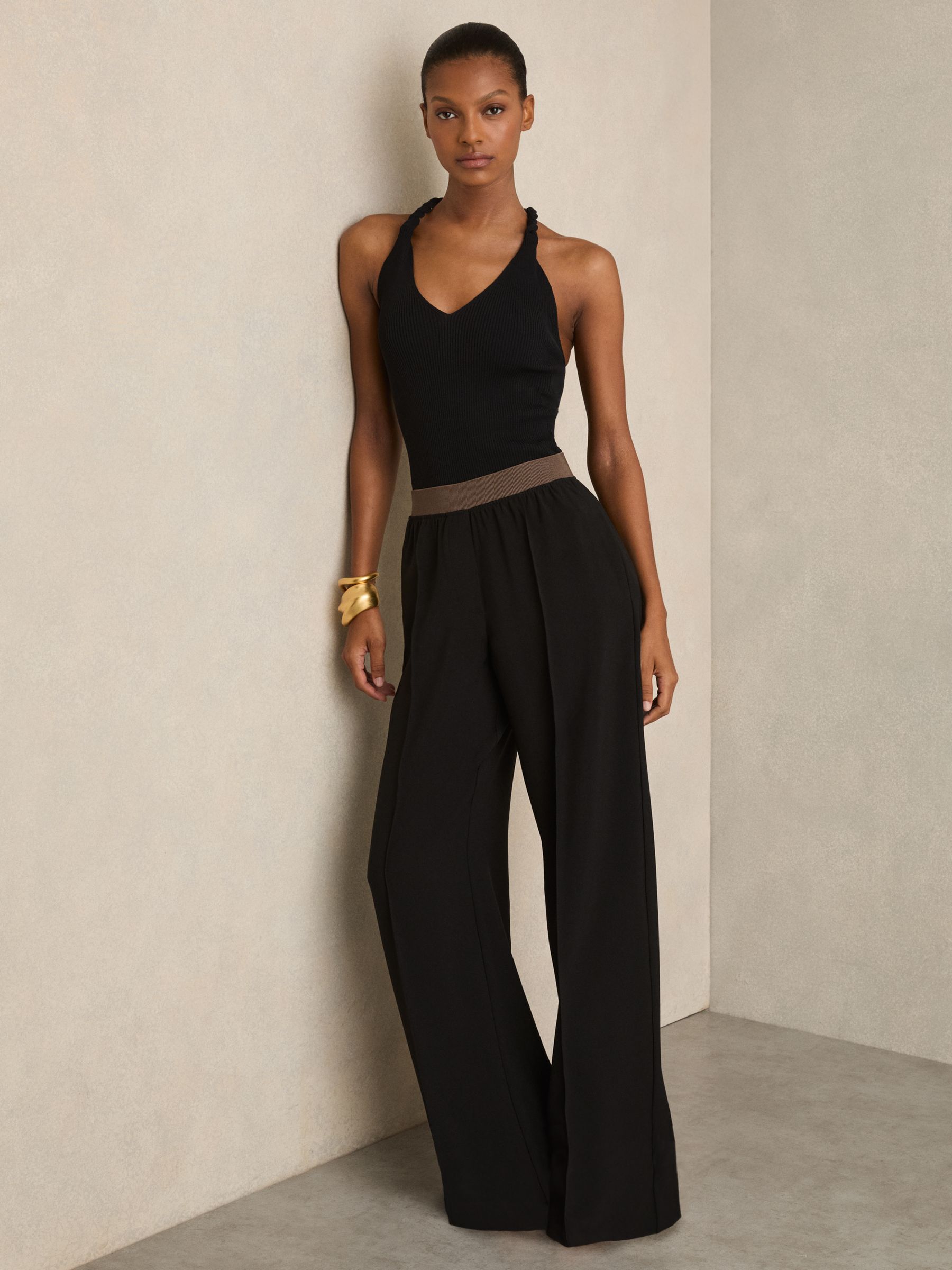 Petite Wide-Leg Elasticated-Waist Trousers in Black