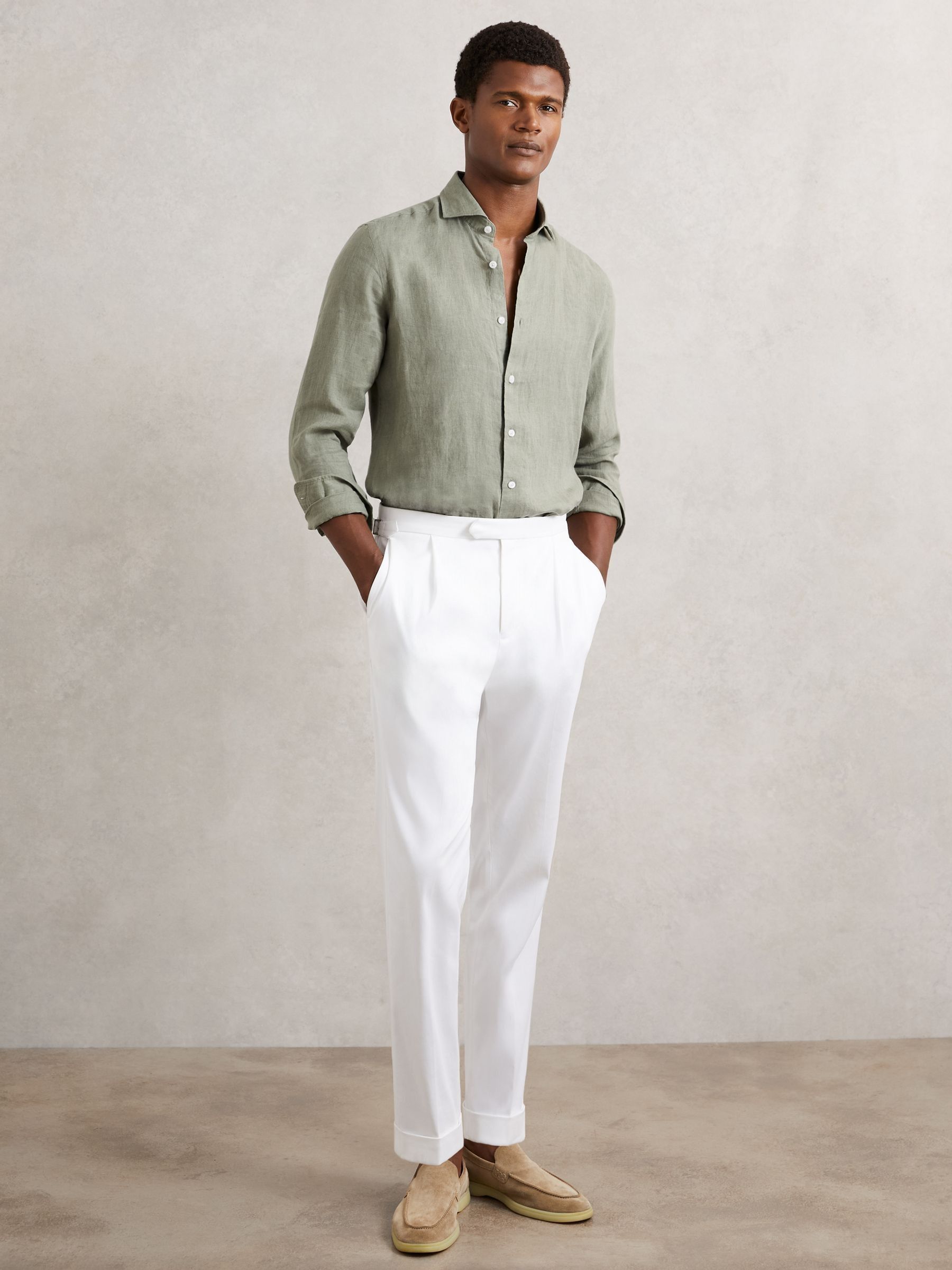 Linen Button-Through Shirt in Thyme Green