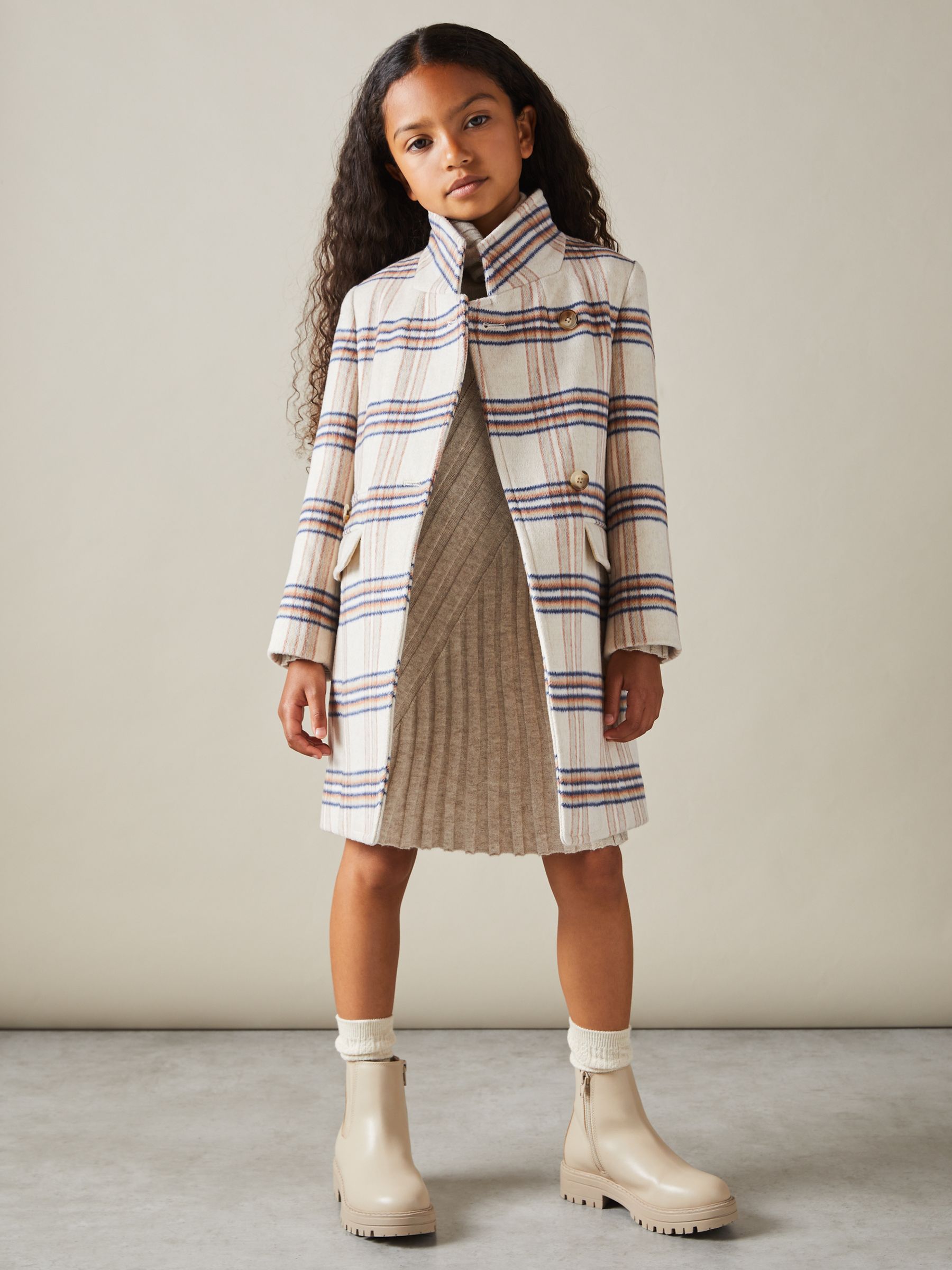 9-13 yrs Wool Blend Checked Asymmetric Funnel Neck Coat in Brown