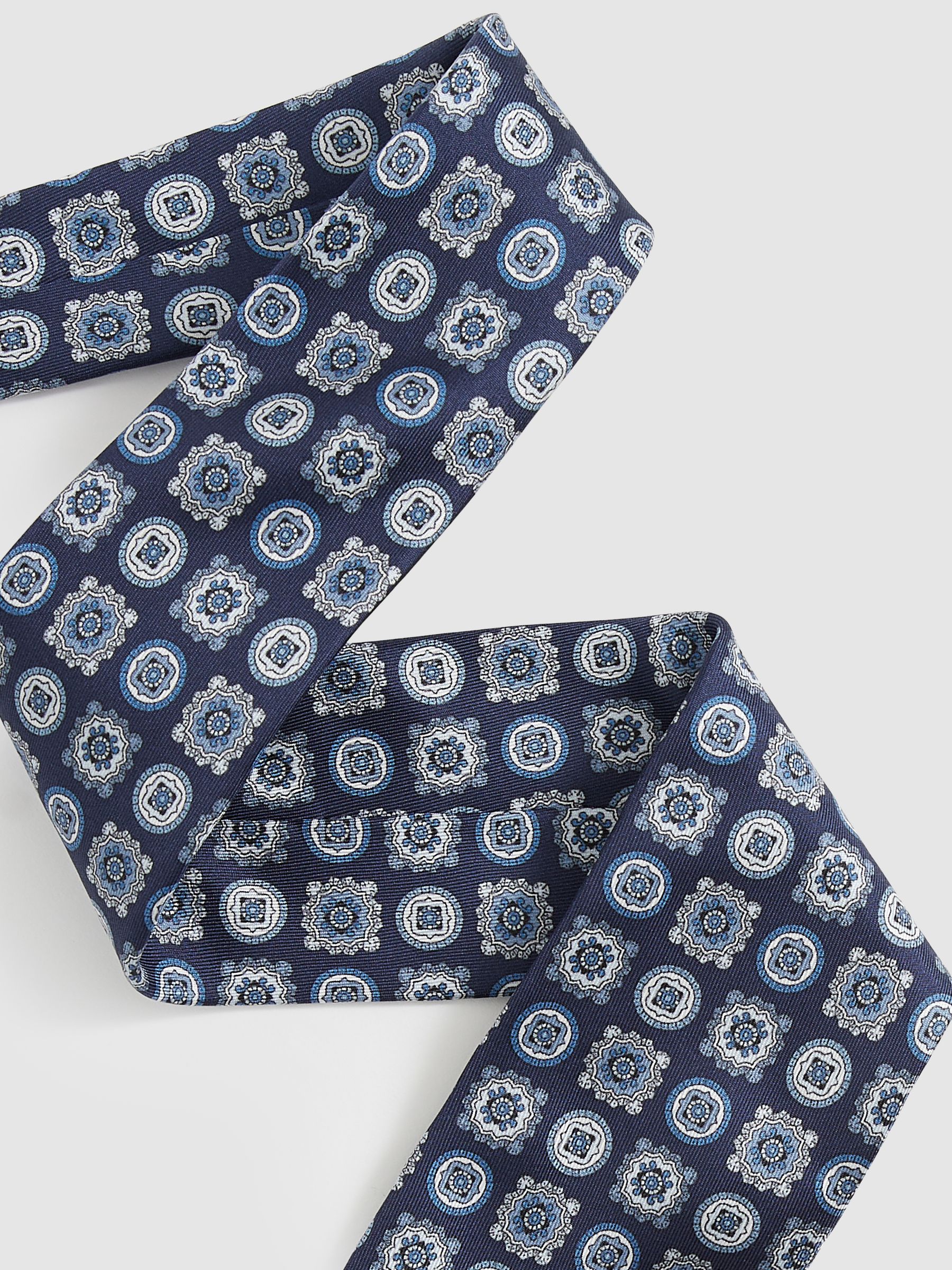 Silk Foulard Medallion Print Tie in Eclipse Blue