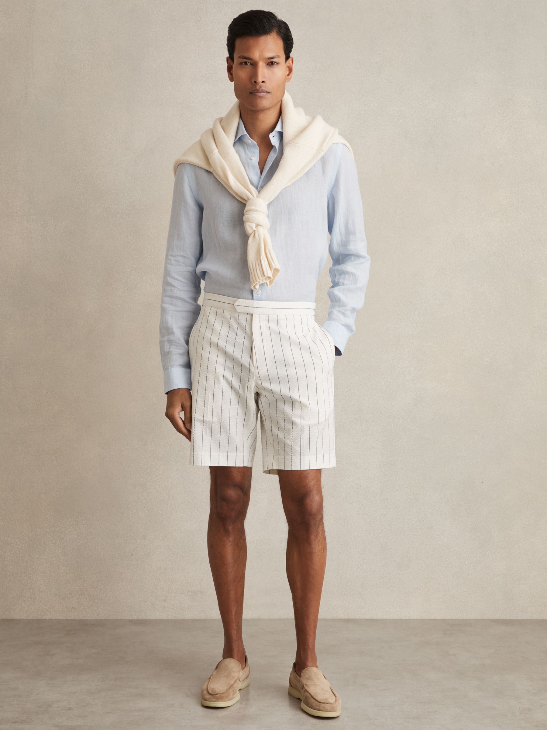 Cotton-Blend Pinstripe Shorts in White/Navy