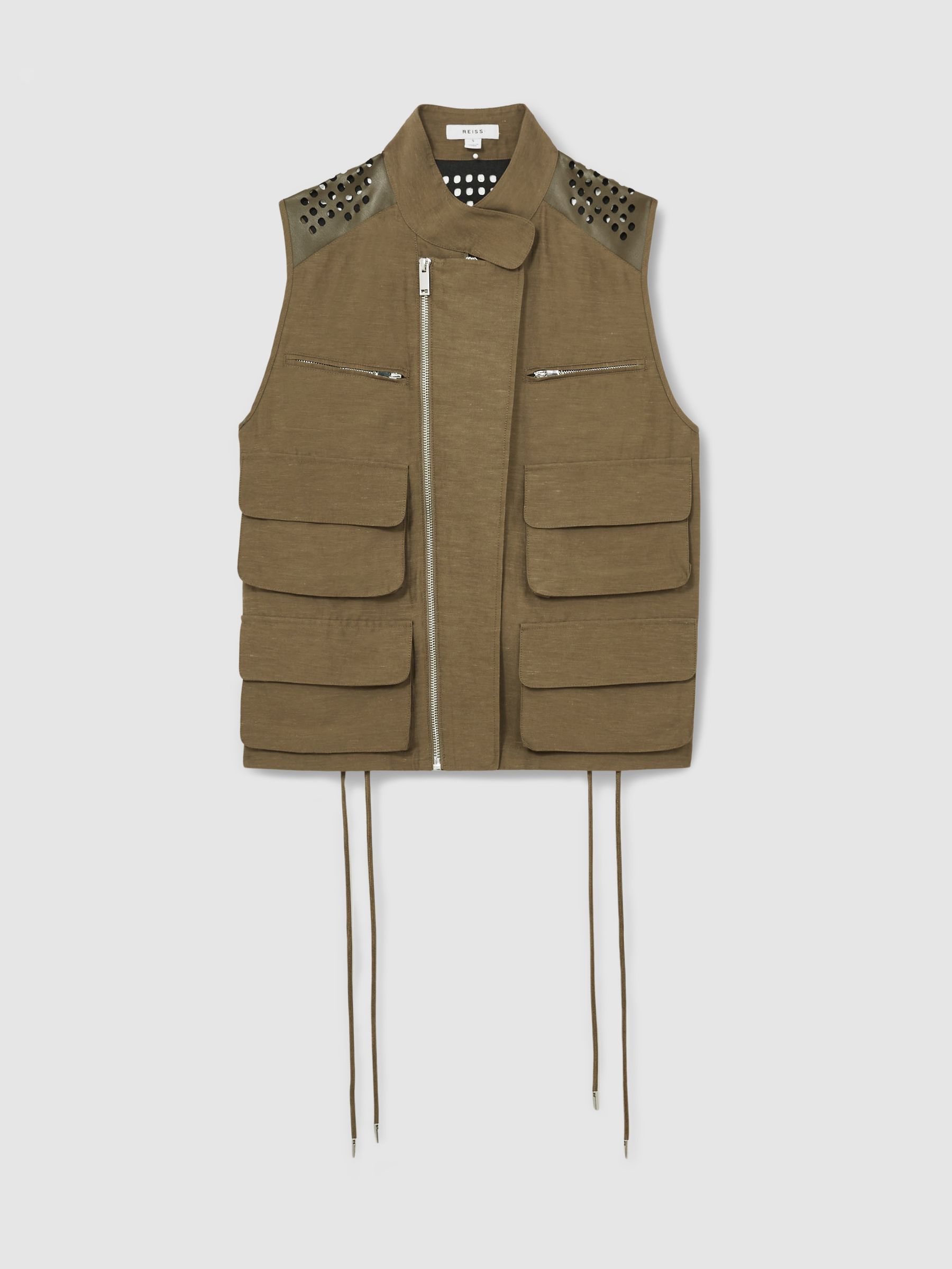 Cargo-Pocket Laser-Cut Gilet With Linen in Khaki