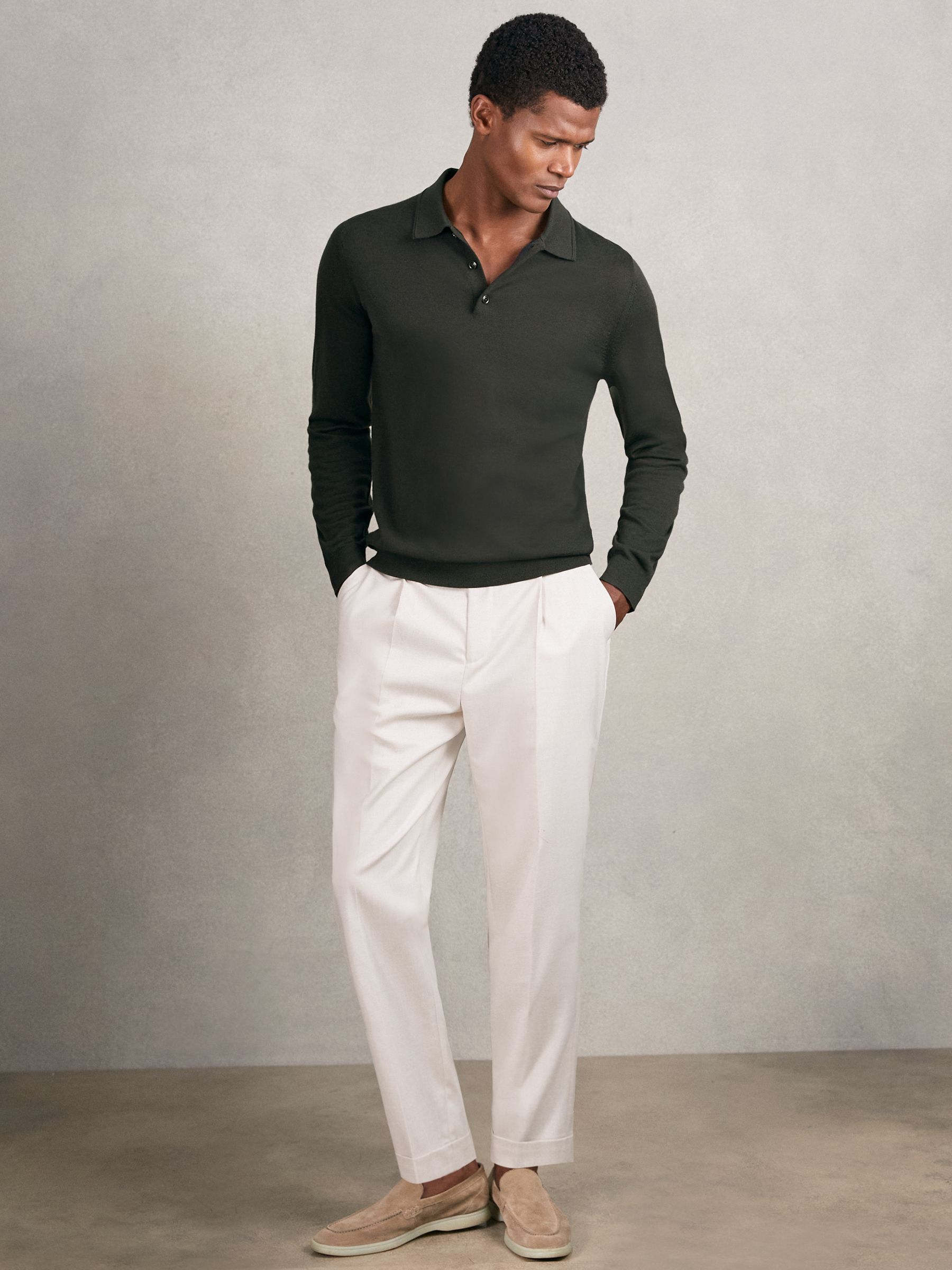 Merino Wool Long-Sleeve Polo Shirt in Dark Military Green