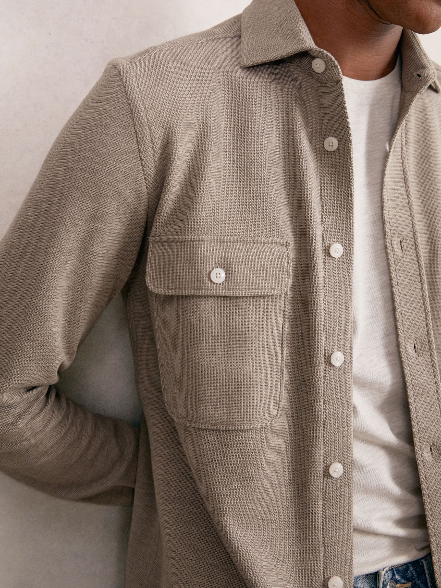 Textured Twin Pocket Cotton Blend Overshirt in Oatmeal Brown Melange