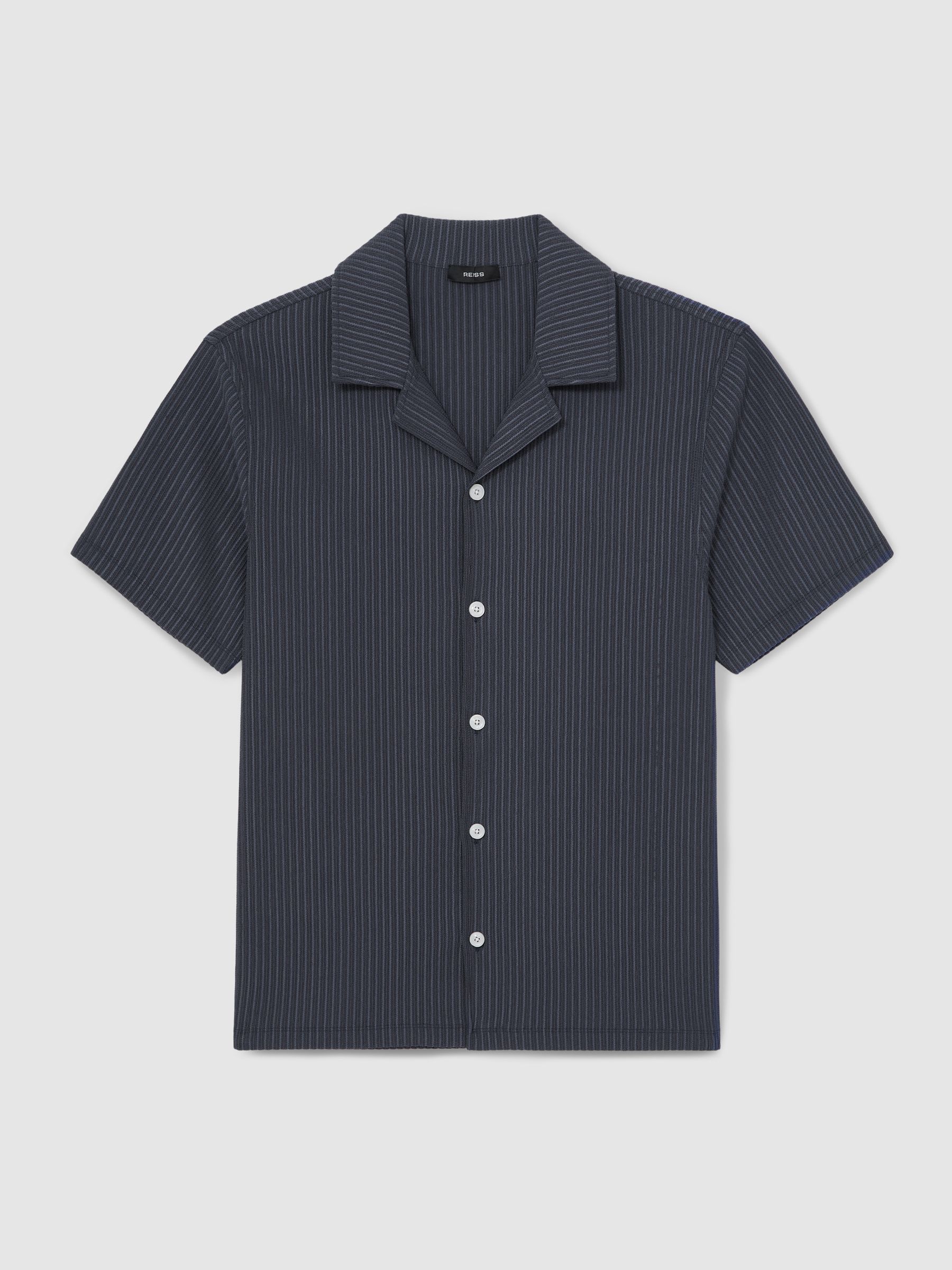Textured-Stripe Cuban-Collar Shirt in Petrol Blue