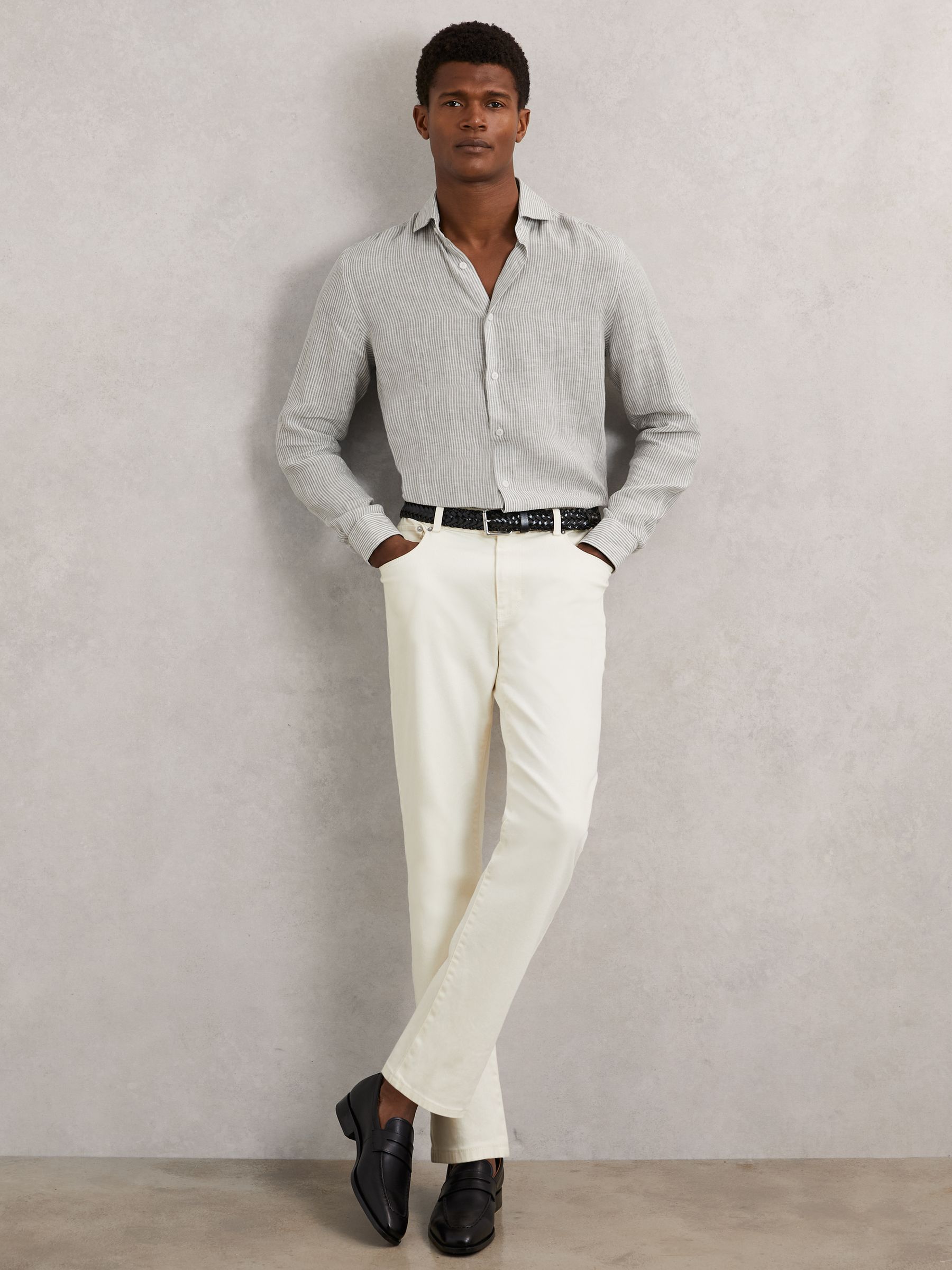 Linen Striped Cutaway-Collar Shirt in White/Thyme Green